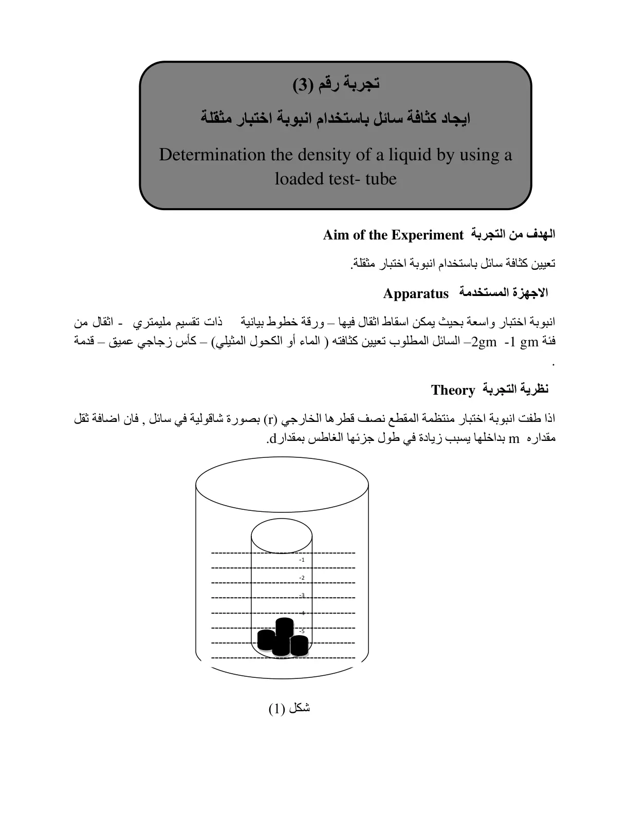غلاف تقرير تعيين كثافة سائل باستخدام أنبوبة اختبار مثقلة