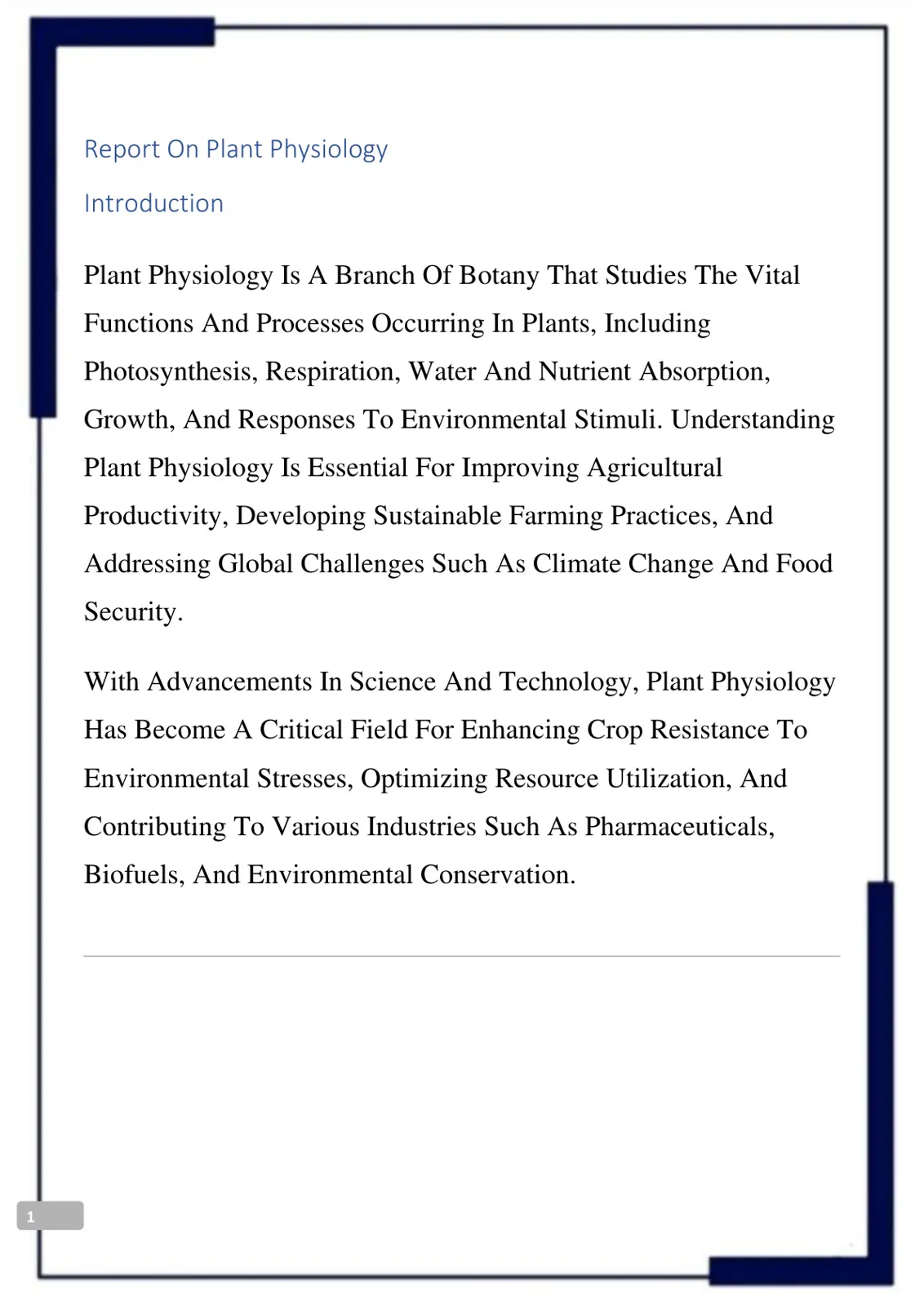 غلاف تقرير Report On Plant Physiology