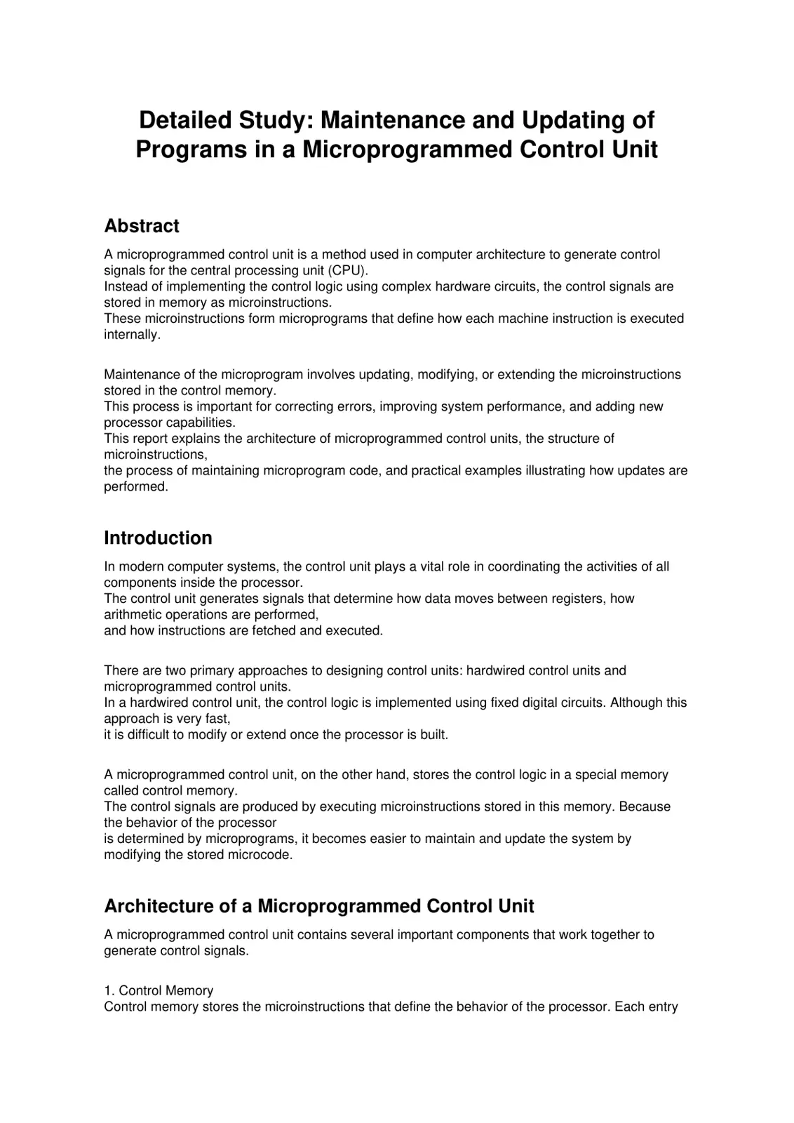 غلاف تقرير Detailed Study: Maintenance and Updating of Programs in a Microprogrammed Control Unit