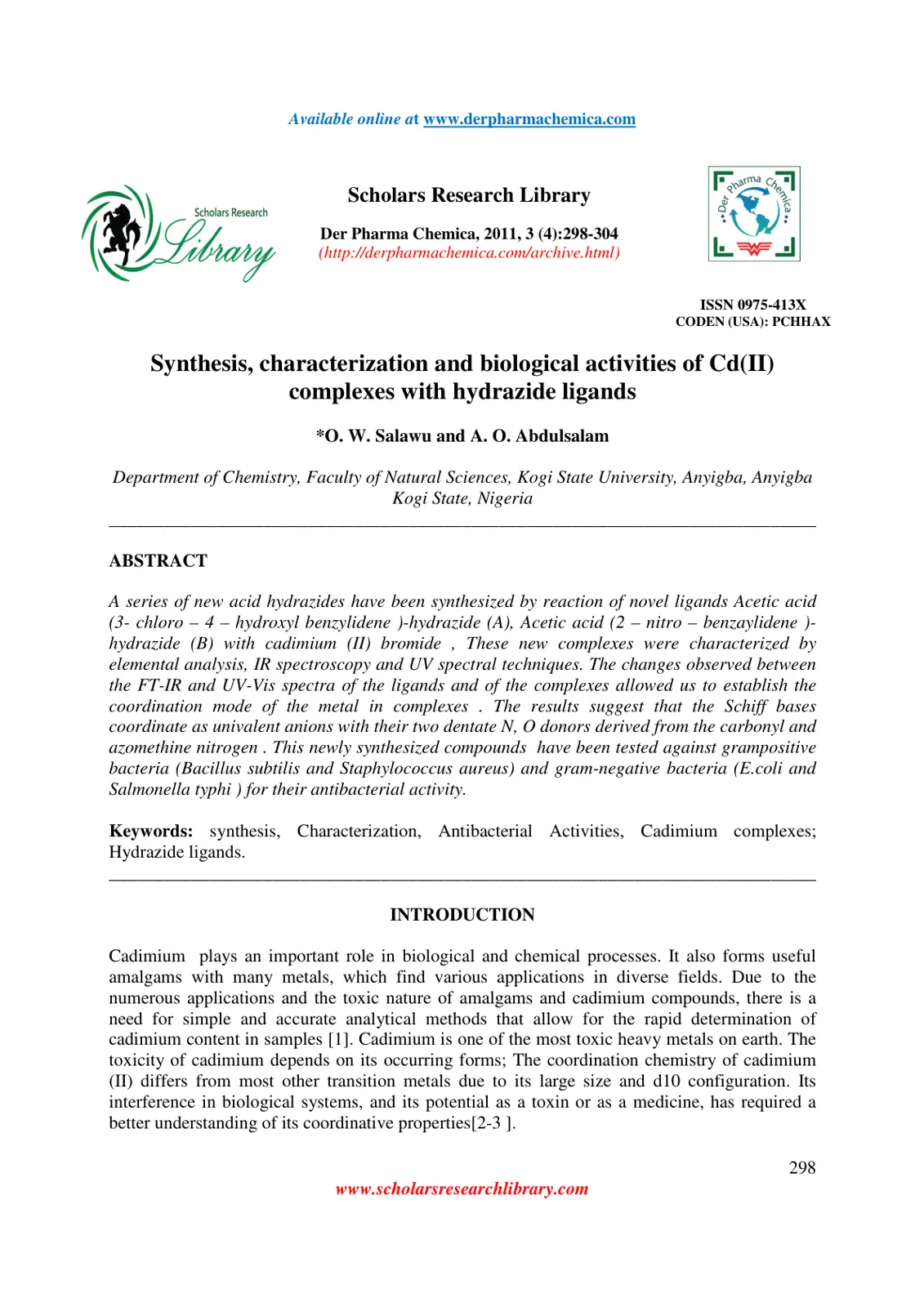 غلاف تقرير Synthesis, characterization and biological activities of Cd(II) complexes with hydrazide ligands