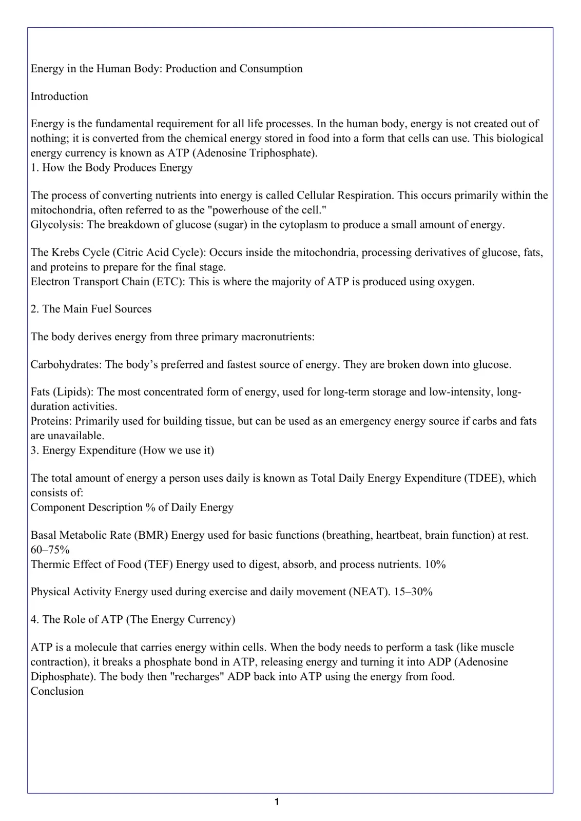 غلاف تقرير Energy in the Human Body: Production and Consumption