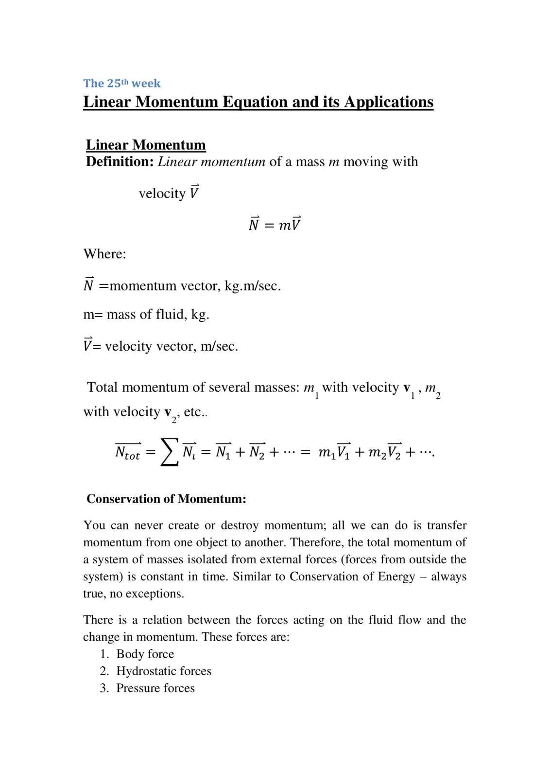 غلاف تقرير Linear Momentum Equation and its Applications (The 25th Week)