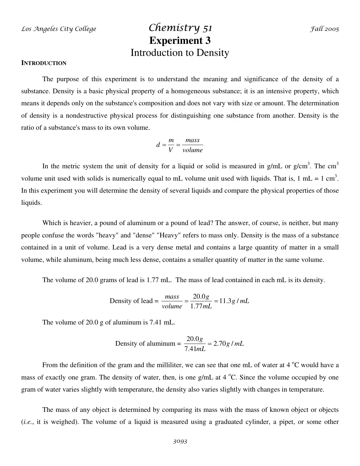 غلاف تقرير Chemistry 51 - Experiment 3: Introduction to Density