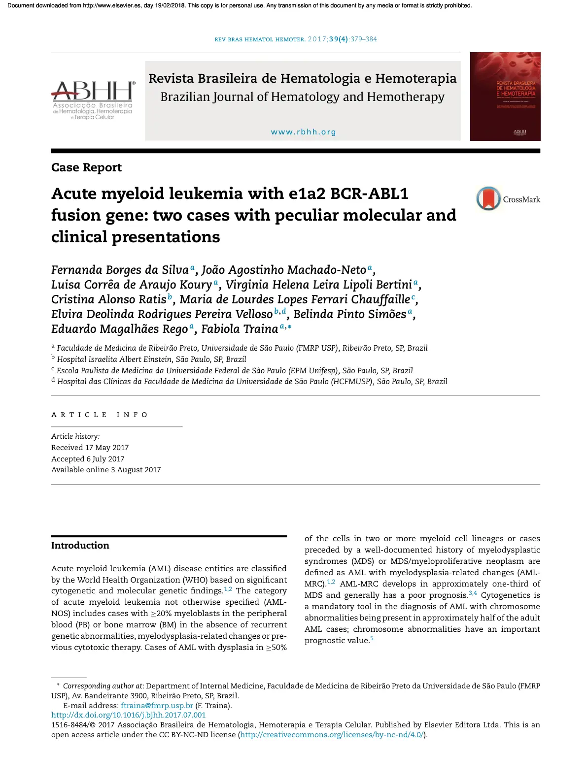 غلاف تقرير Acute myeloid leukemia with e1a2 BCR-ABL1 fusion gene: two cases with peculiar molecular and clinical presentations