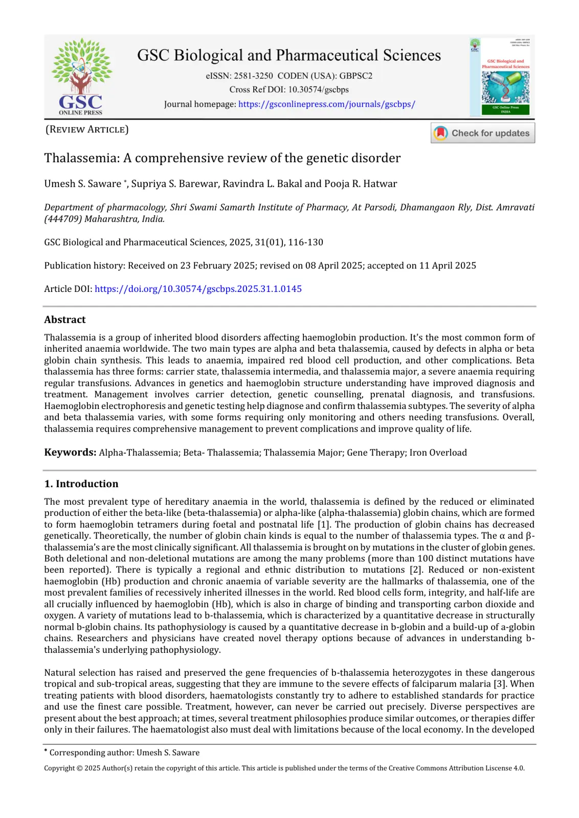 غلاف تقرير Thalassemia: A comprehensive review of the genetic disorder