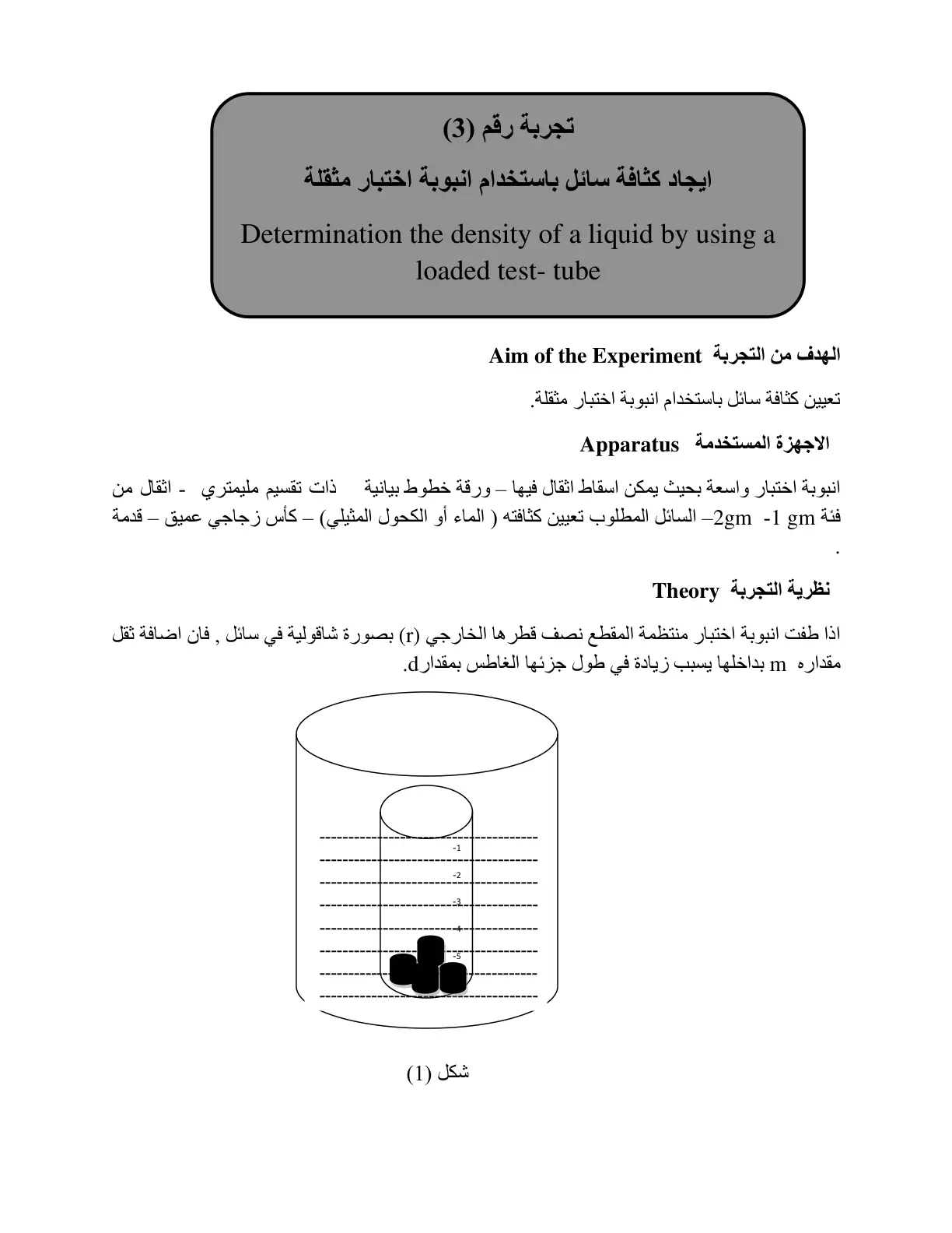 غلاف تقرير تجربة رقم (3) إيجاد كثافة سائل باستخدام انبوبة اختبار مثقلة