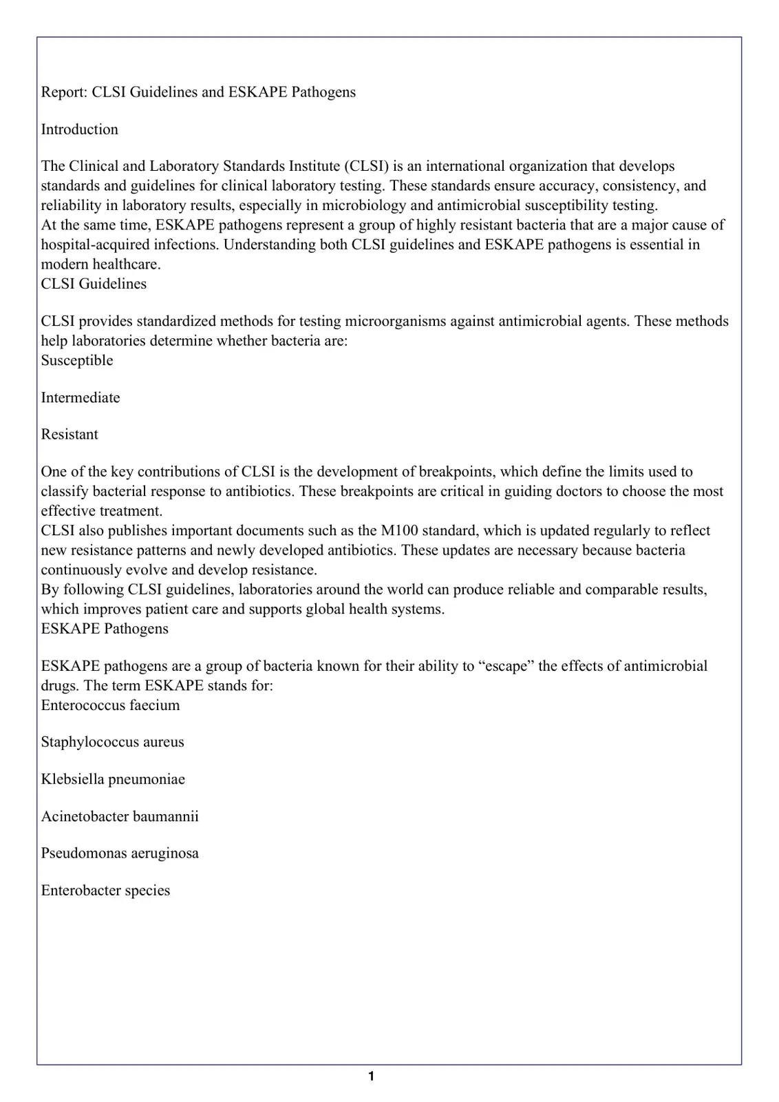 غلاف تقرير CLSI Guidelines and ESKAPE Pathogens