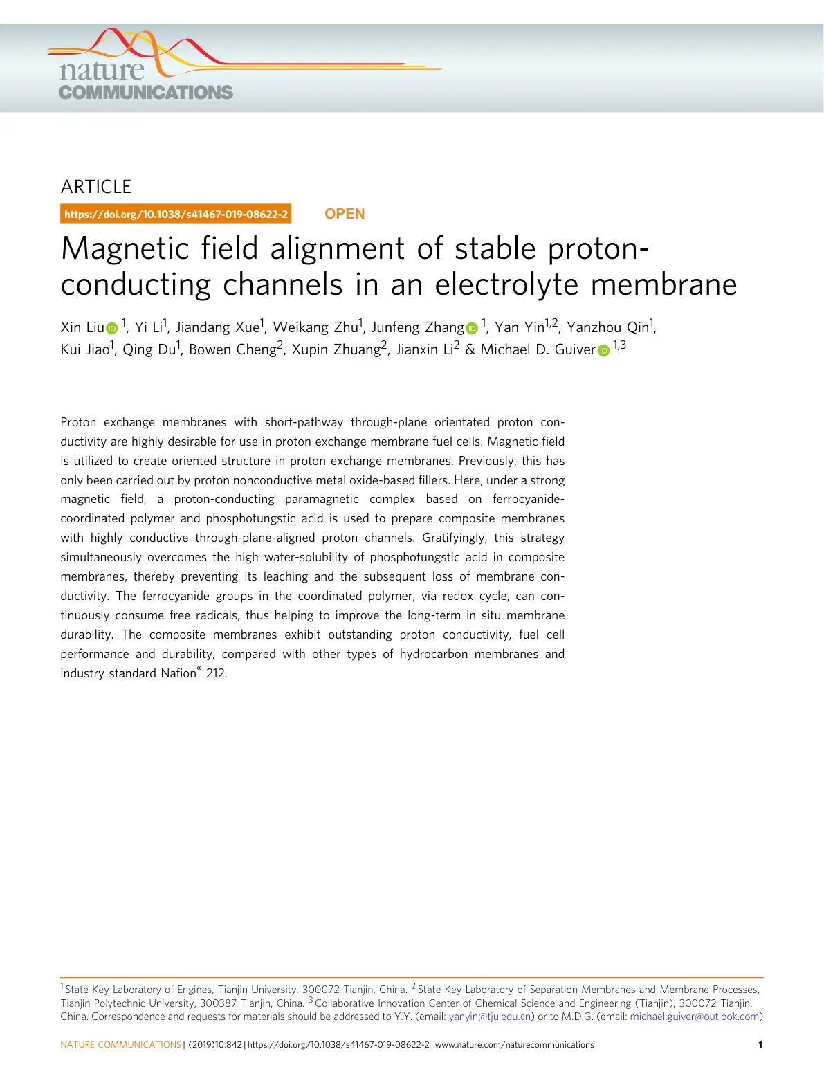 غلاف تقرير Magnetic field alignment of stable proton-conducting channels in an electrolyte membrane