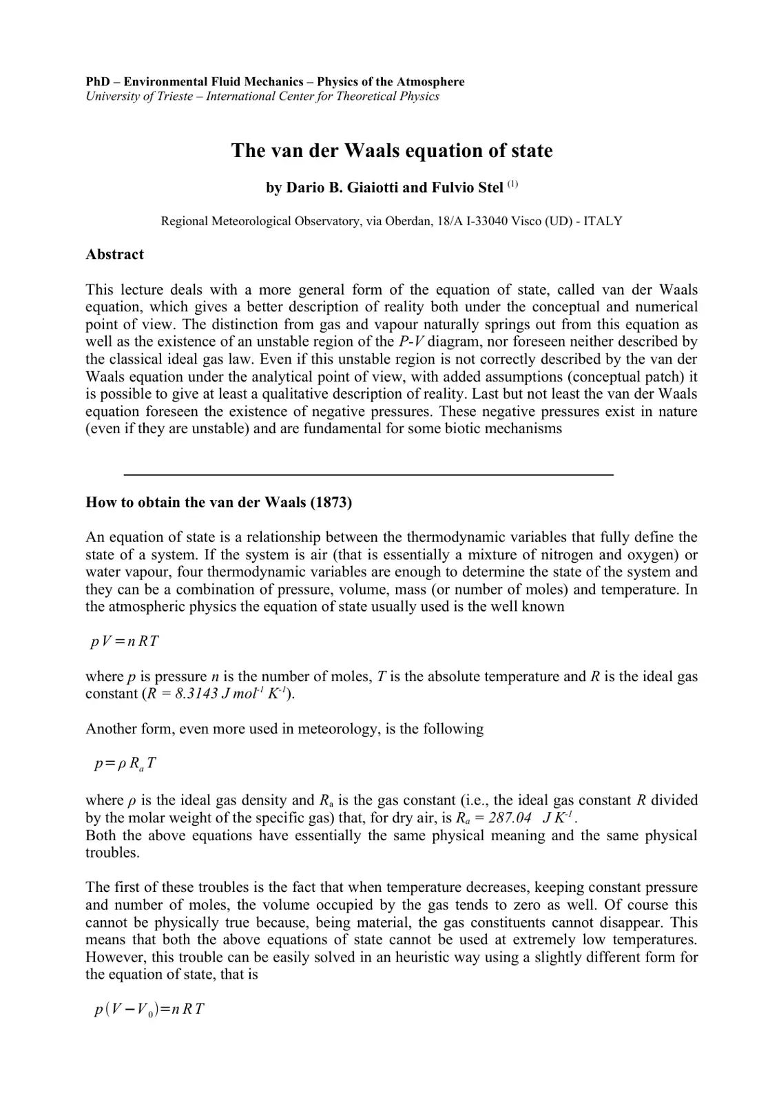غلاف تقرير The van der Waals equation of state