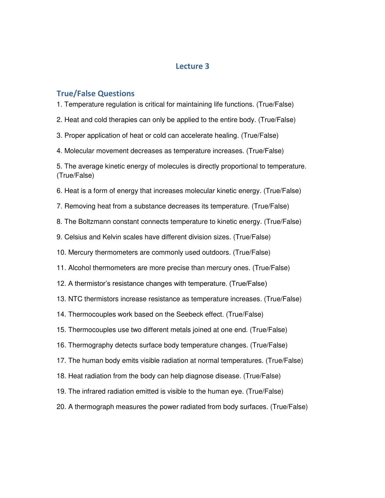 غلاف تقرير Lecture 3 True/False Questions