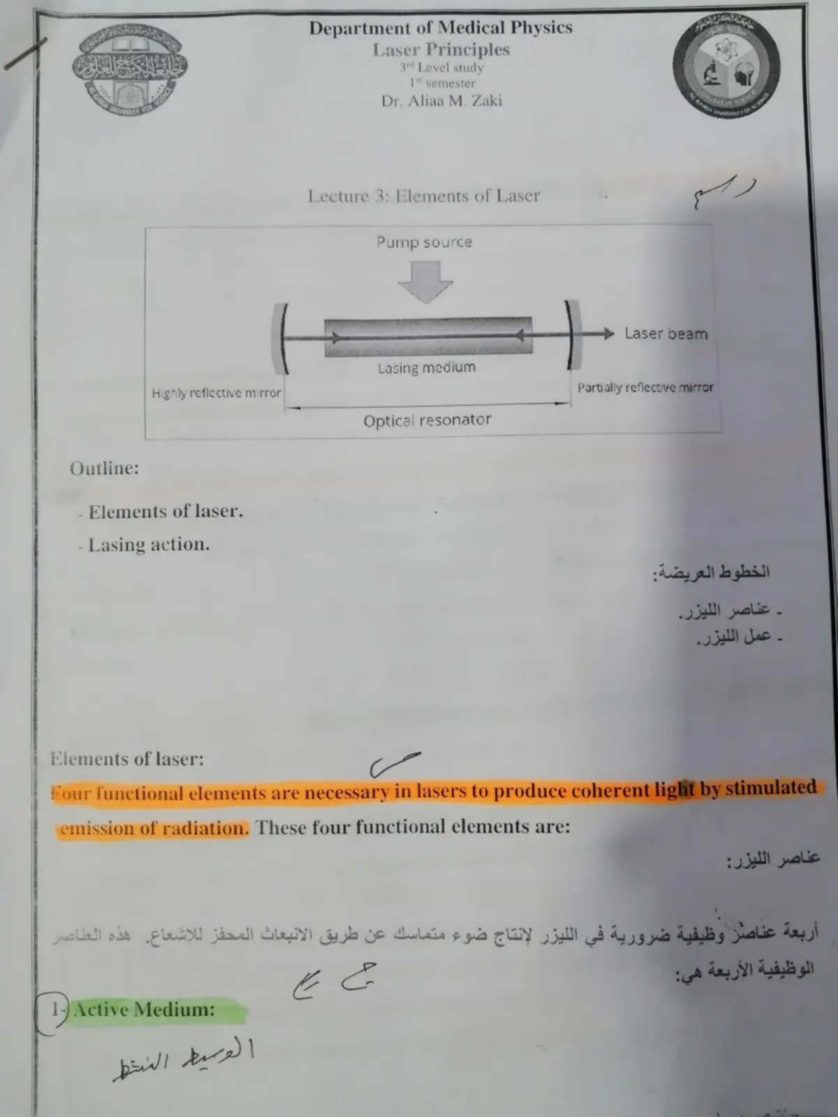 غلاف تقرير Laser Principles - Lecture 3: Elements of Laser.