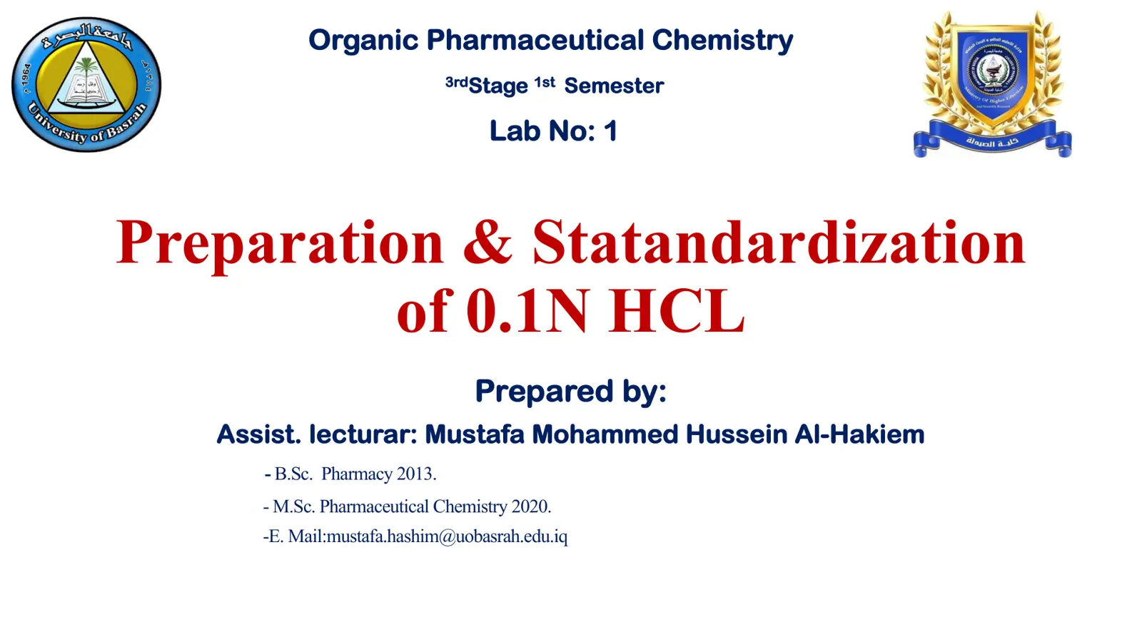 غلاف تقرير Preparation & Standardization of 0.1N HCL