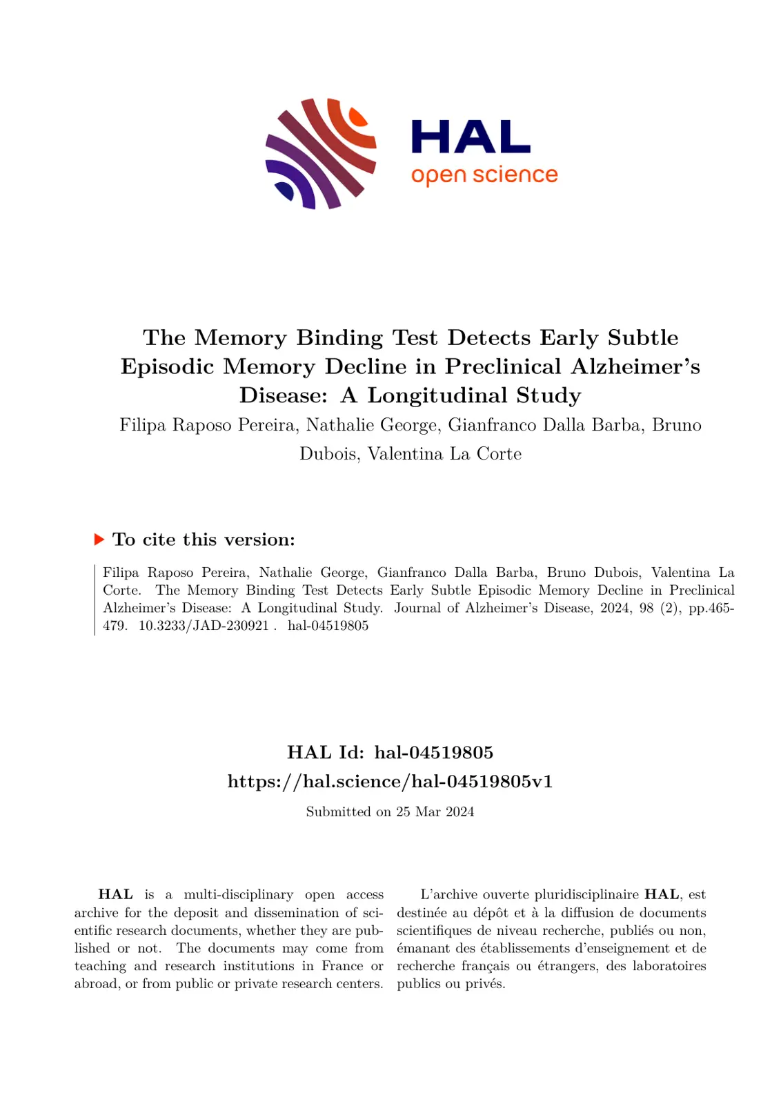 غلاف تقرير The Memory Binding Test Detects Early Subtle Episodic Memory Decline in Preclinical Alzheimer's Disease: A Longitudinal Study