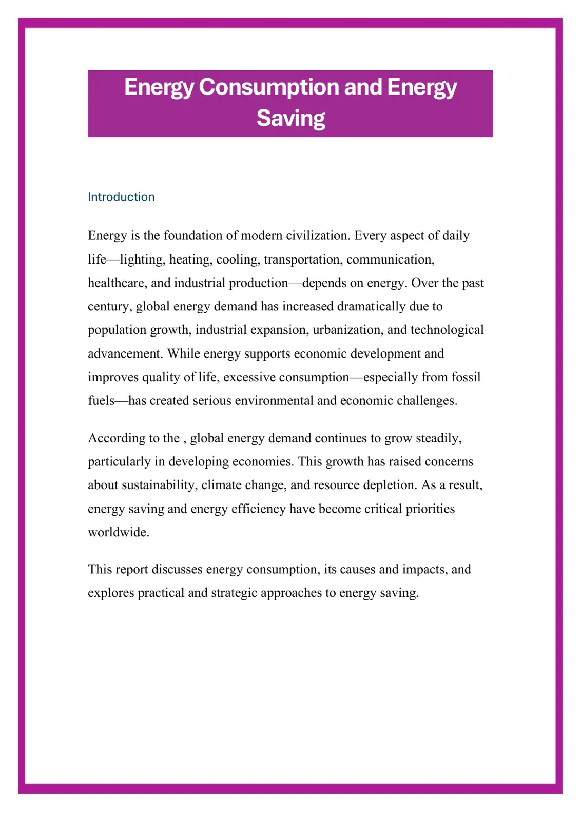 غلاف تقرير Energy Consumption and Energy Saving