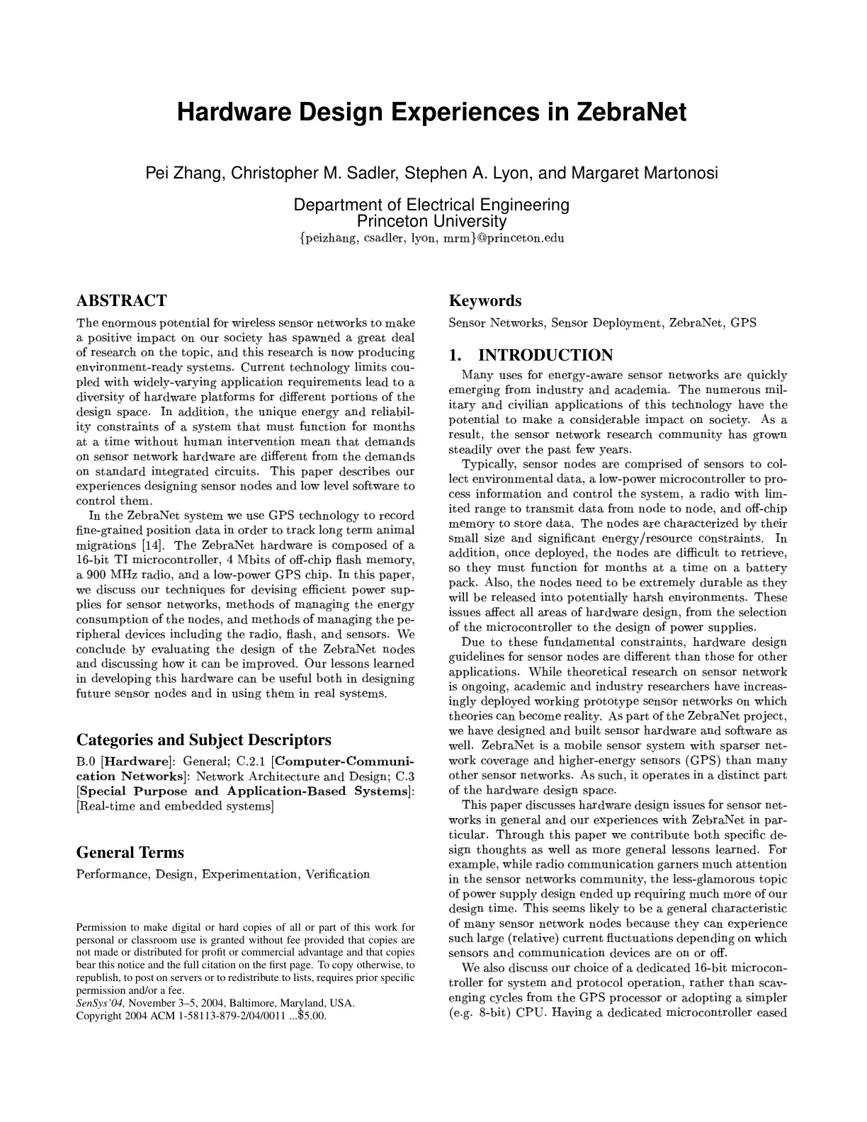 غلاف تقرير Hardware Design Experiences in ZebraNet