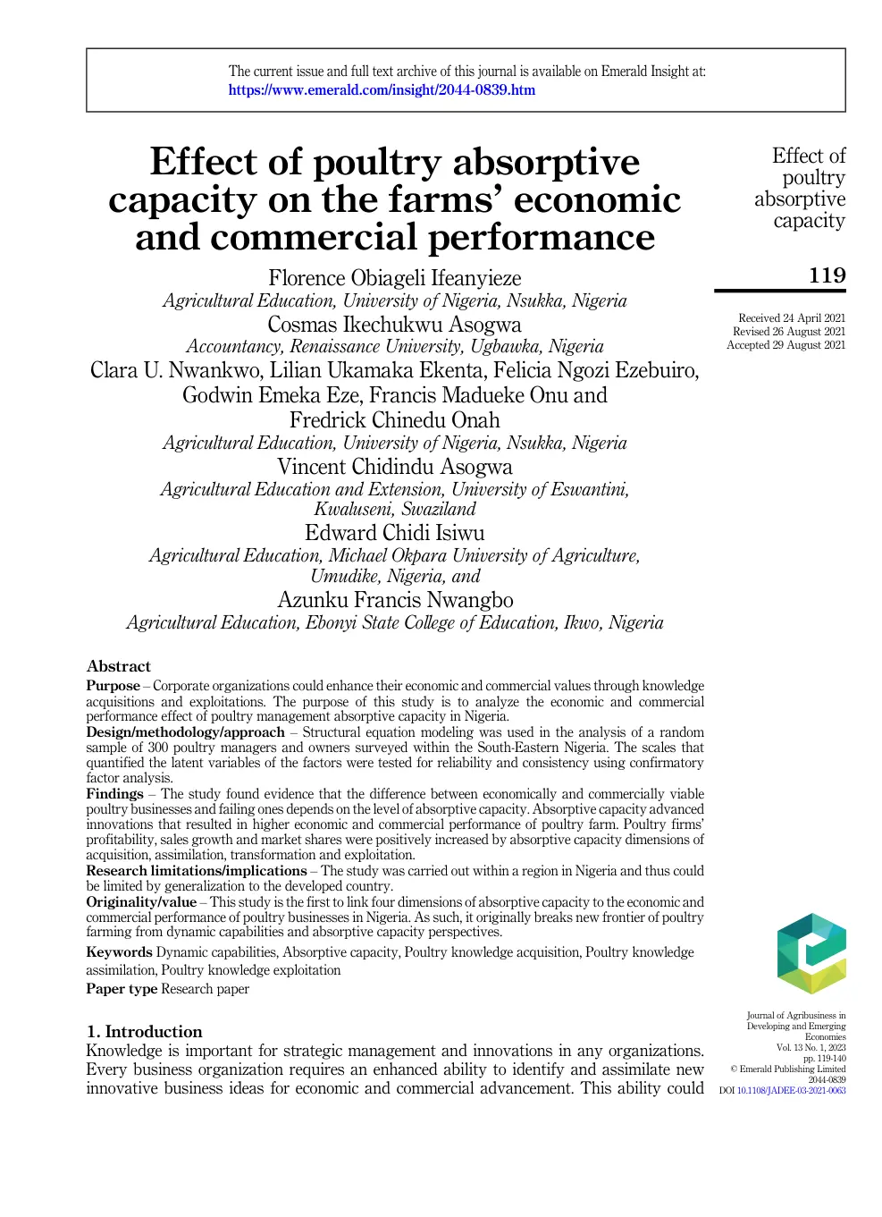 غلاف تقرير Effect of poultry absorptive capacity on the farms' economic and commercial performance