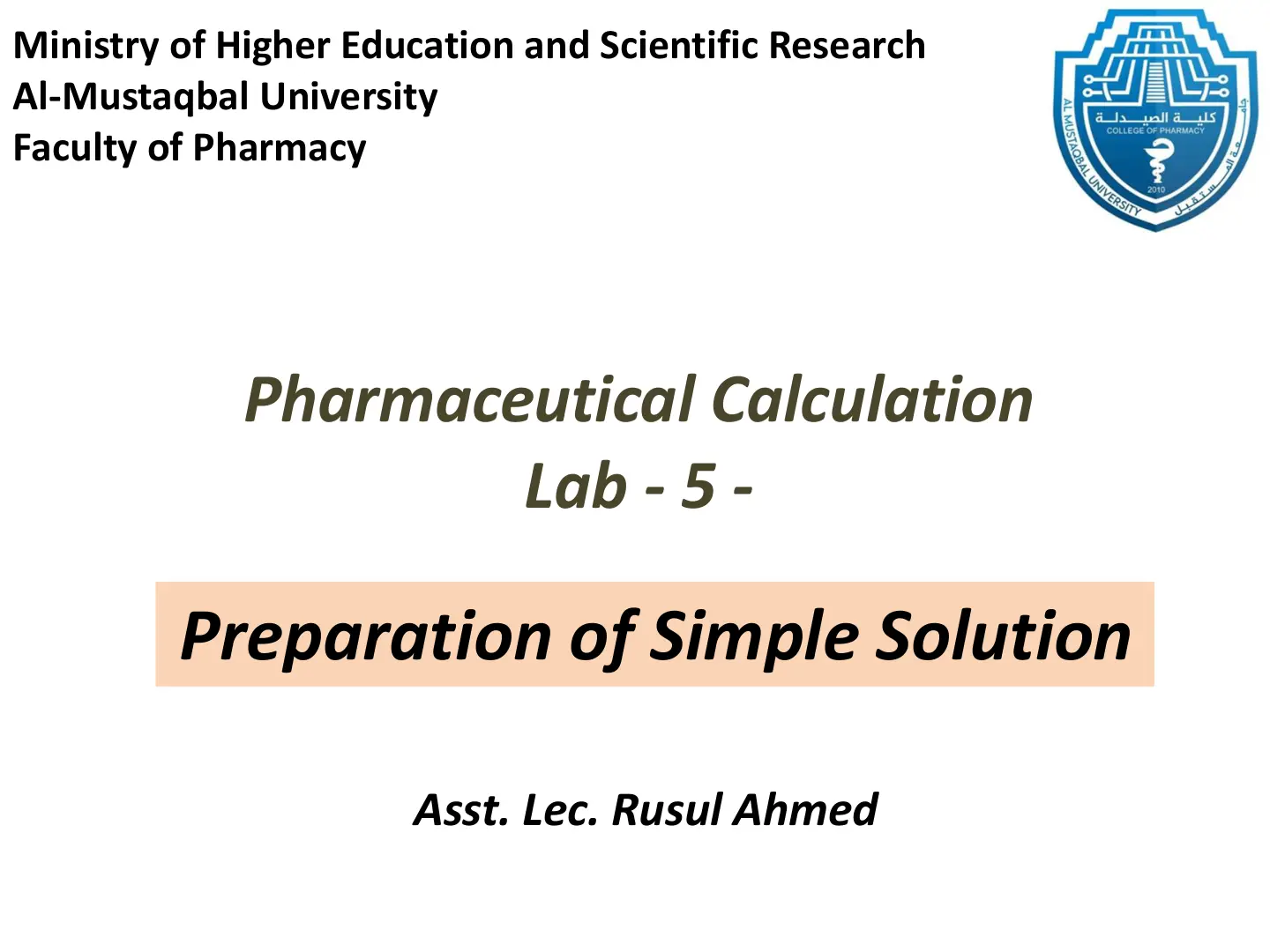 غلاف تقرير Pharmaceutical Calculation Lab-5- Preparation of Simple Solution