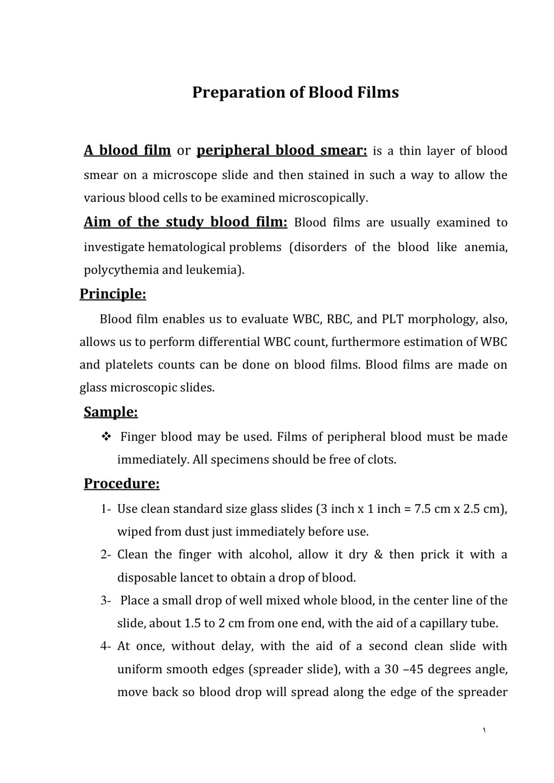 غلاف تقرير Preparation of Blood Films