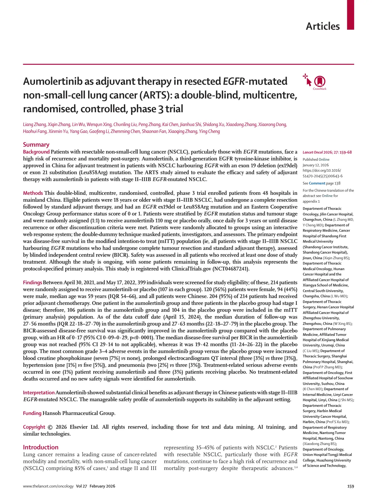 غلاف تقرير Aumolertinib as adjuvant therapy in resected EGFR-mutated non-small-cell lung cancer (ARTS): a double-blind, multicentre, randomised, controlled, phase 3 trial