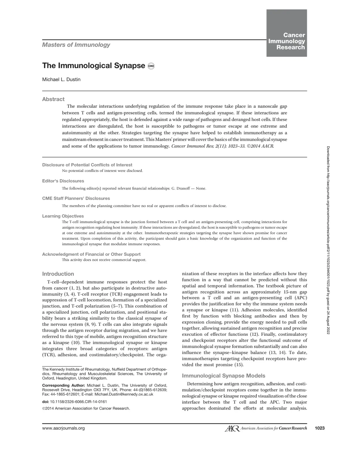 غلاف تقرير Masters of Immunology: The Immunological Synapse