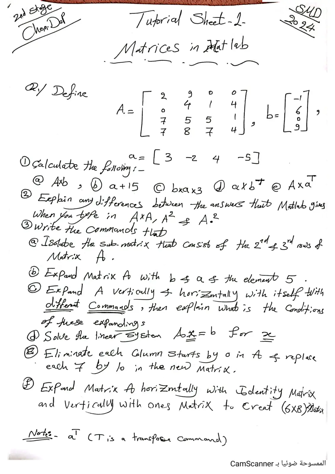 غلاف تقرير Tutorial Sheet-2- Matrices in Lab