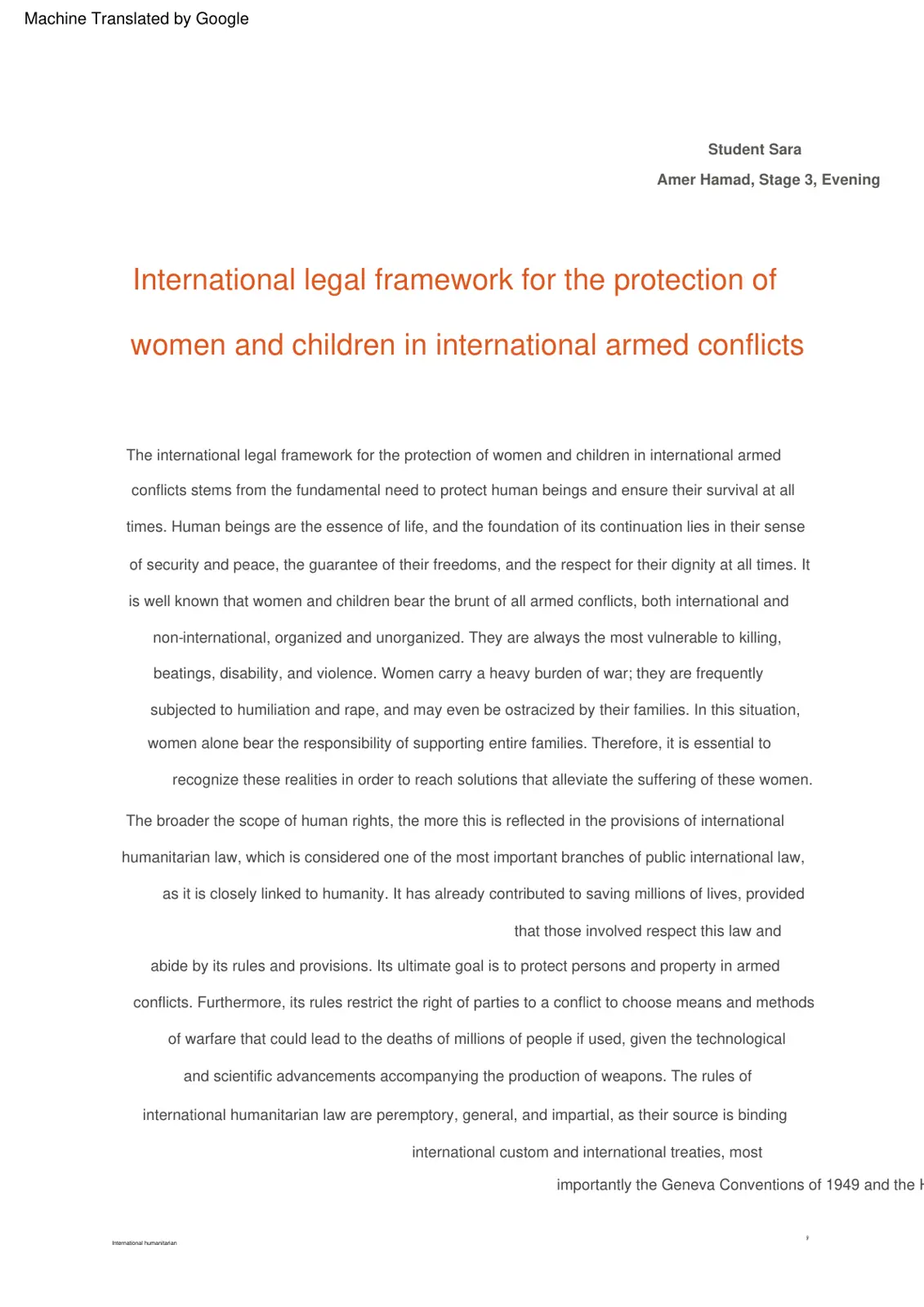 غلاف تقرير International Legal Framework for the Protection of Women and Children in International Armed Conflicts