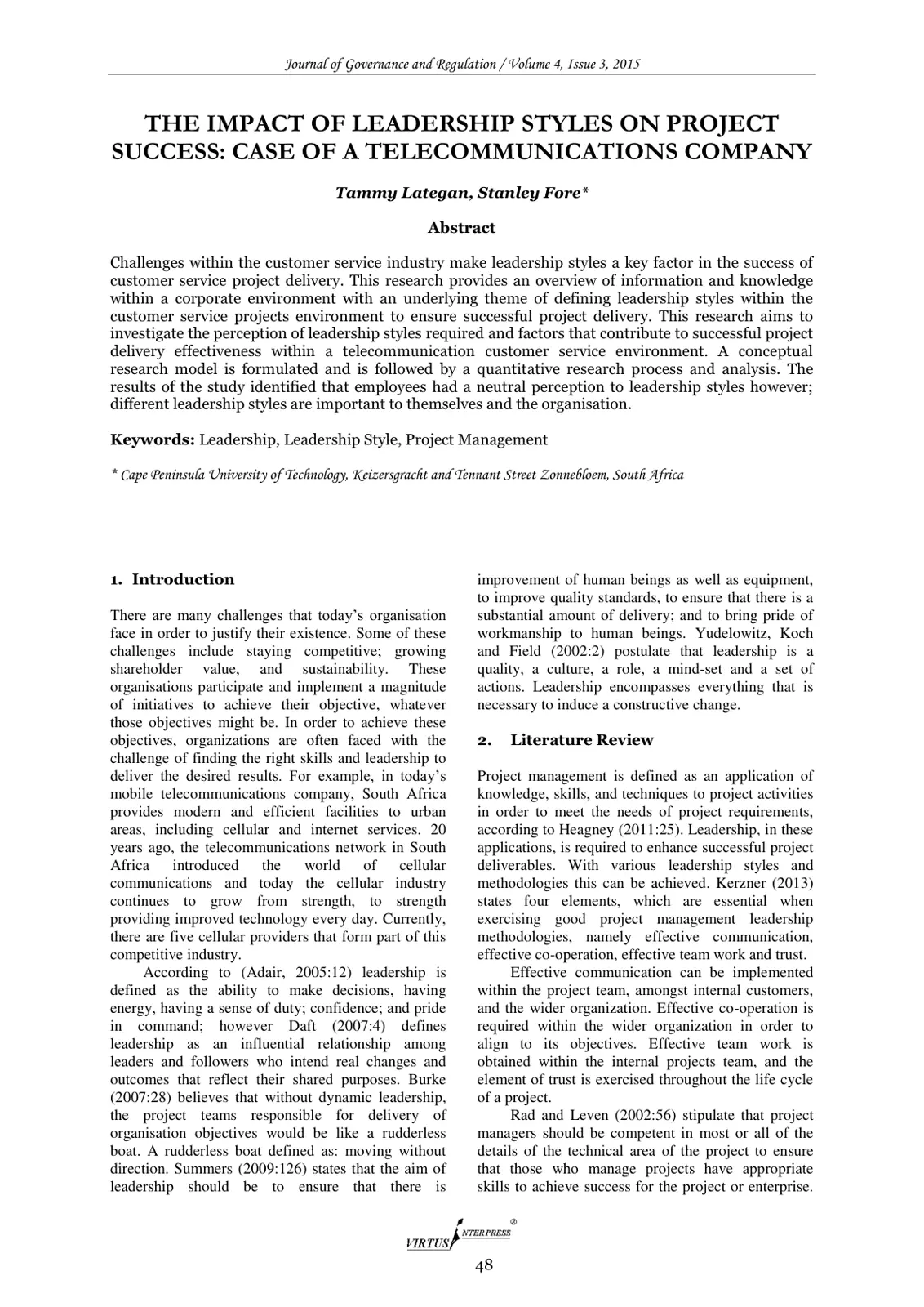 غلاف تقرير THE IMPACT OF LEADERSHIP STYLES ON PROJECT SUCCESS: CASE OF A TELECOMMUNICATIONS COMPANY