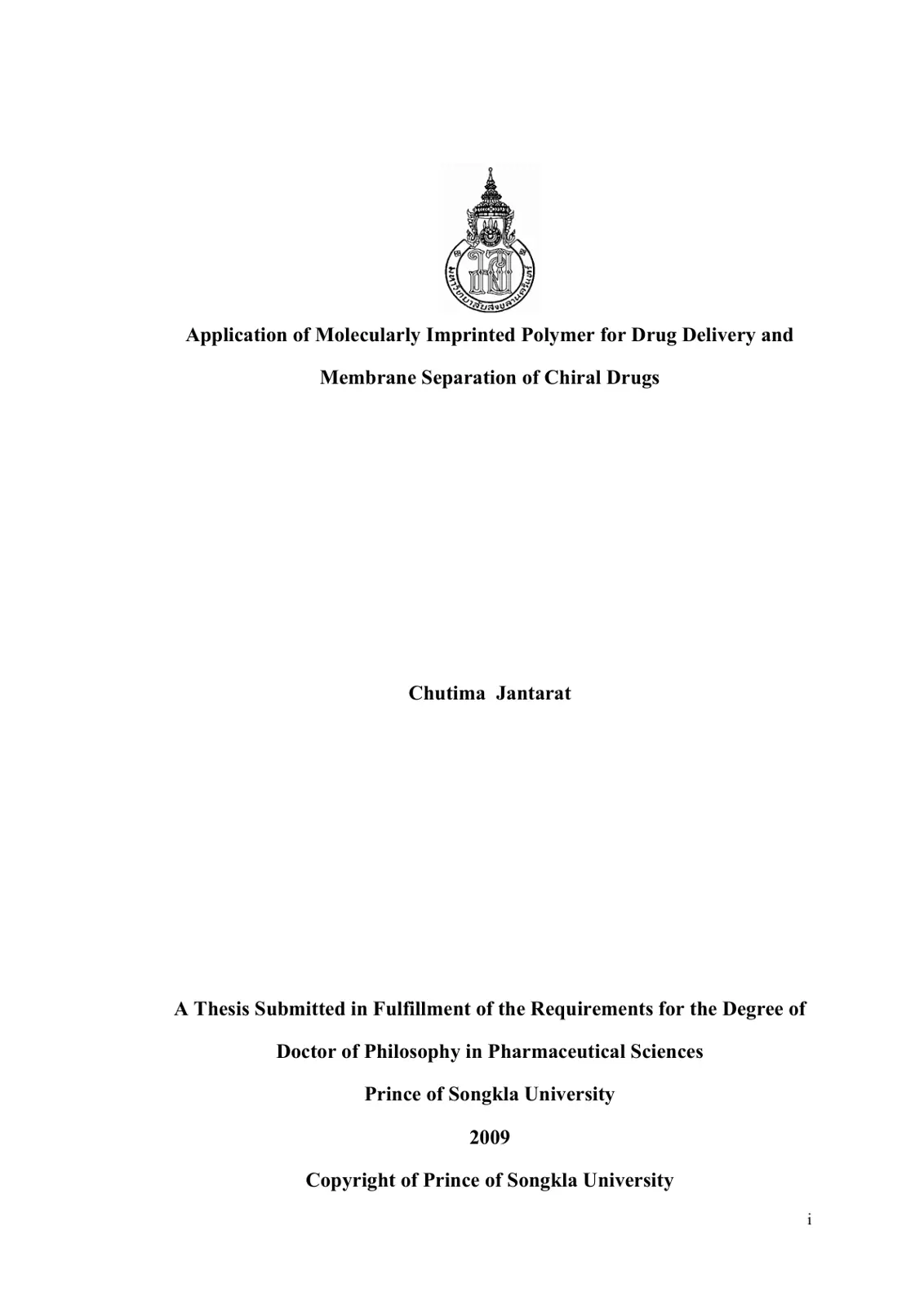 غلاف تقرير Application of Molecularly Imprinted Polymer for Drug Delivery and Membrane Separation of Chiral Drugs