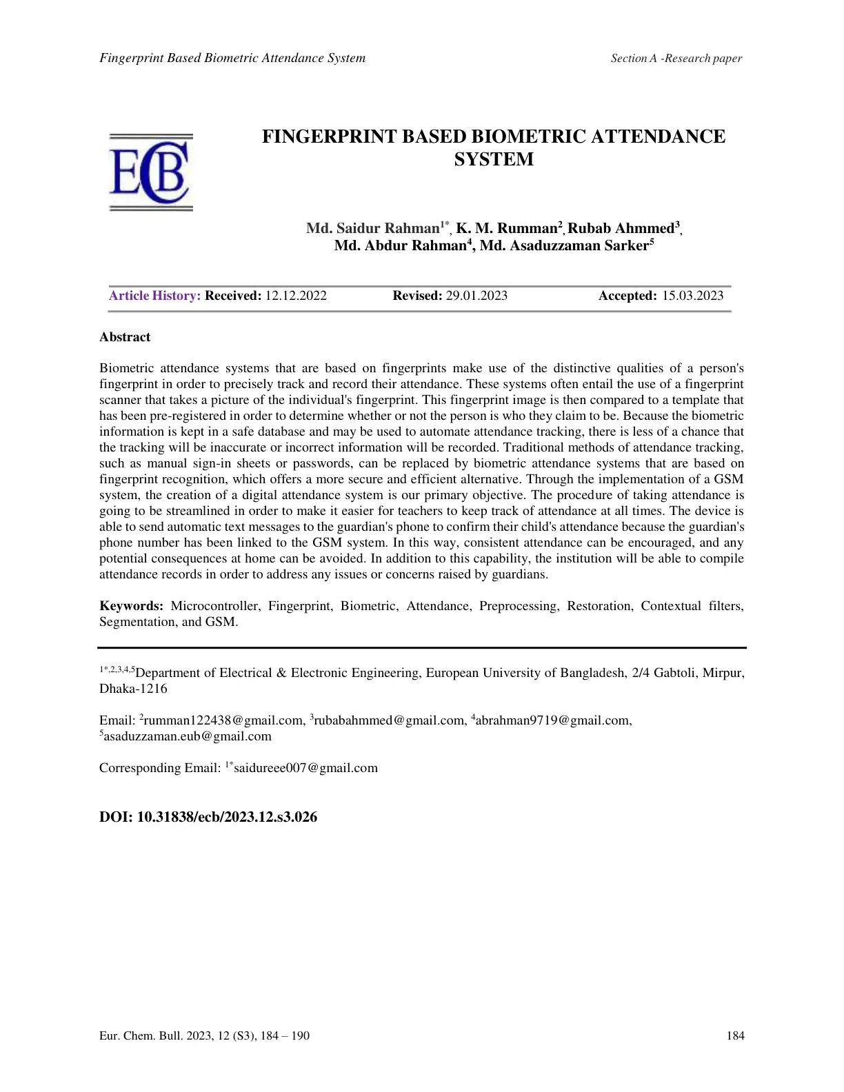 غلاف تقرير Fingerprint Based Biometric Attendance System