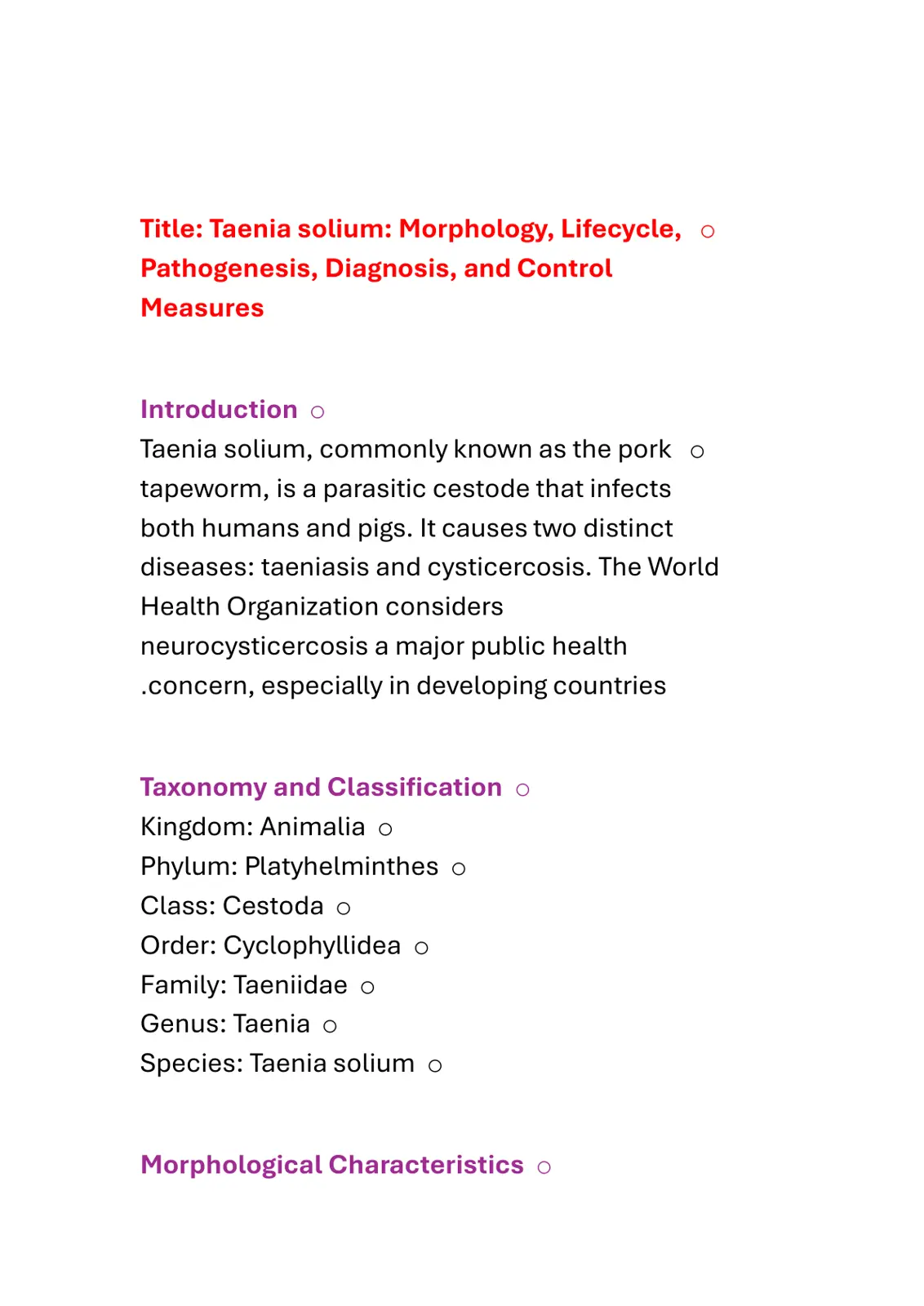 غلاف تقرير Taenia solium: Morphology, Lifecycle, Pathogenesis, Diagnosis, and Control Measures
