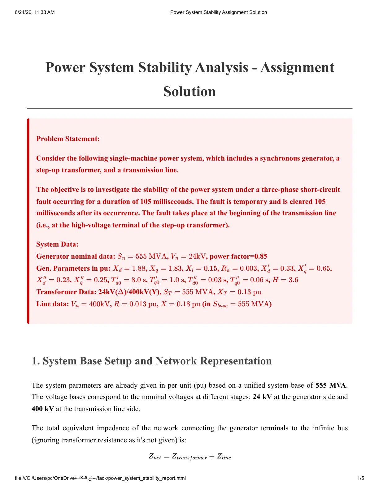 غلاف تقرير Power System Stability Assignment Solution
