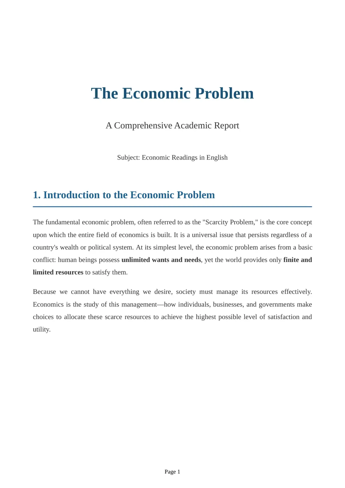 غلاف تقرير The Economic Problem - A Comprehensive Academic Report