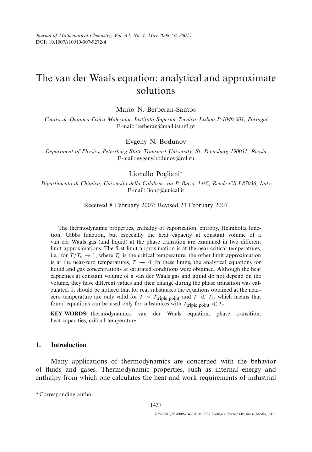 غلاف تقرير The van der Waals equation: analytical and approximate solutions