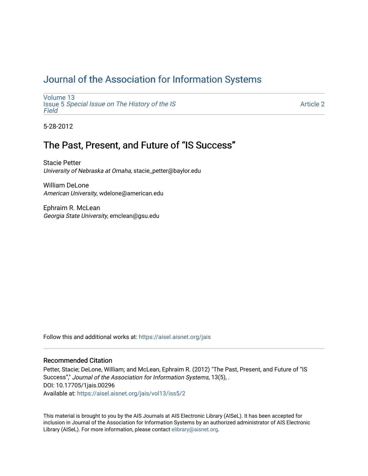 غلاف تقرير The Past, Present, and Future of "IS Success"