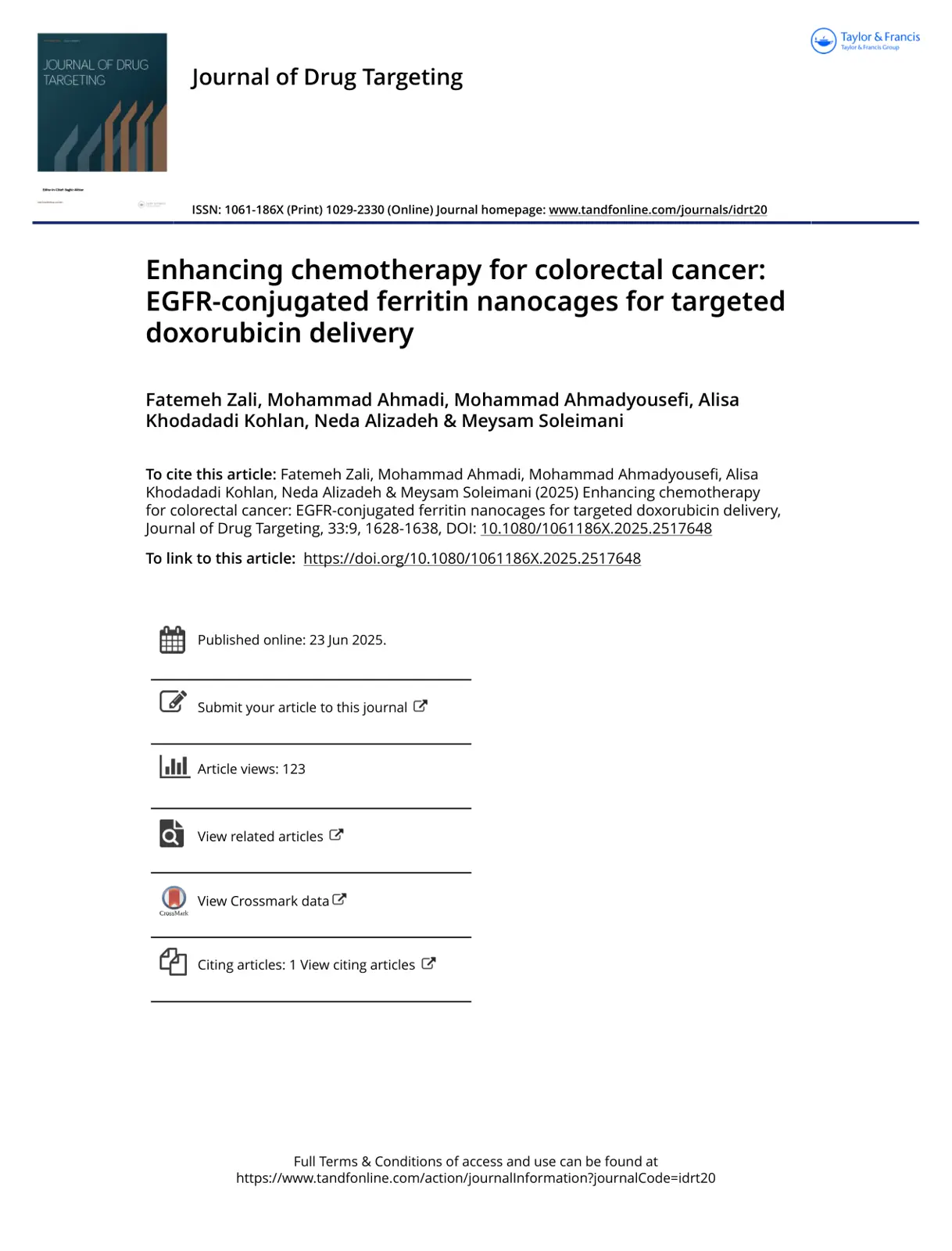 غلاف تقرير Enhancing chemotherapy for colorectal cancer: EGFR-conjugated ferritin nanocages for targeted doxorubicin delivery