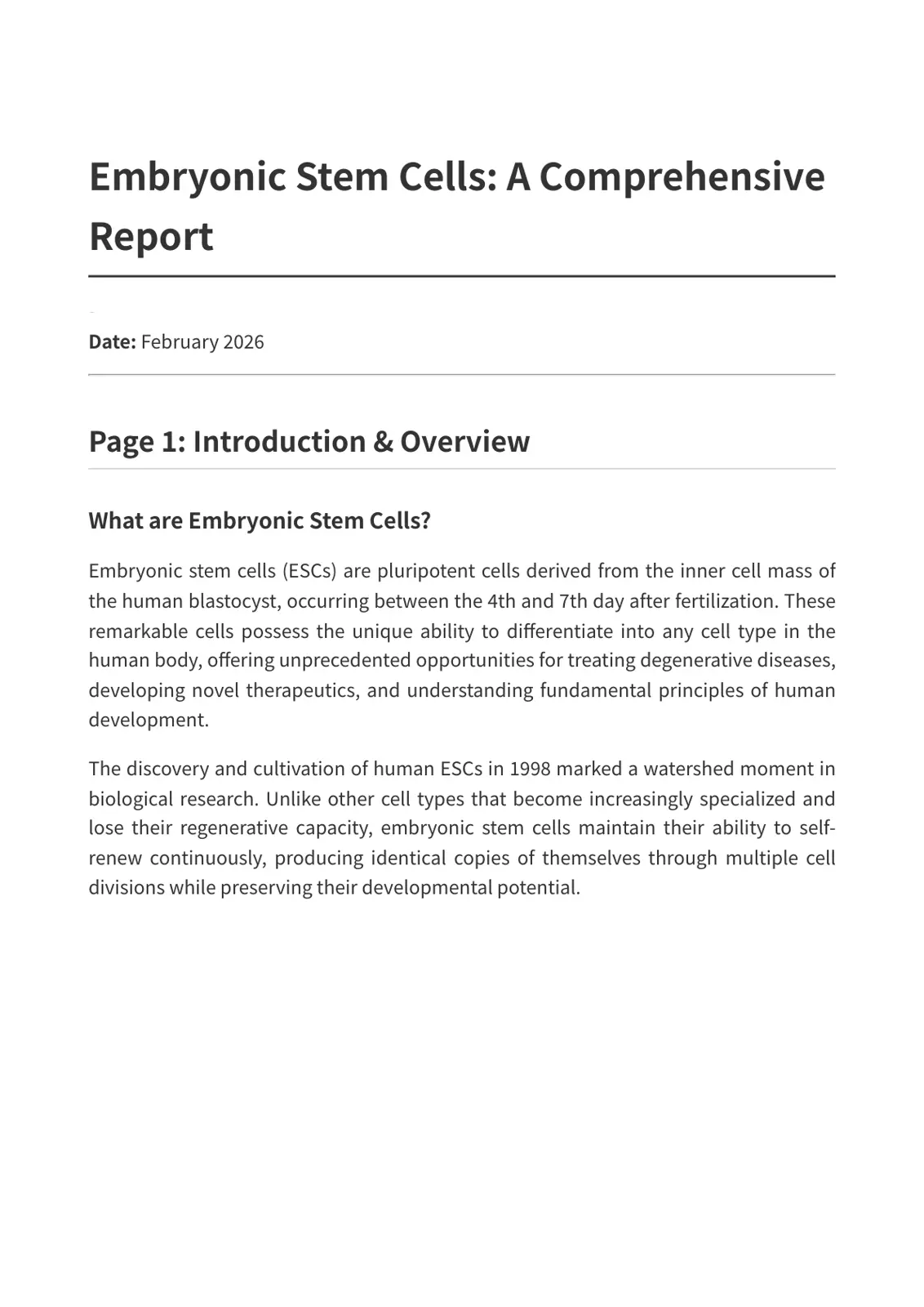 غلاف تقرير Embryonic Stem Cells: A Comprehensive Report