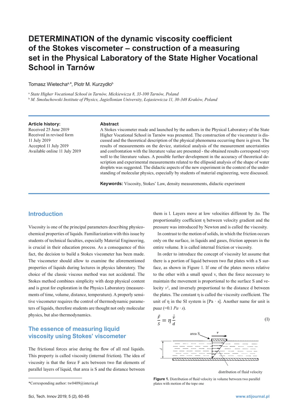 غلاف تقرير DETERMINATION of the dynamic viscosity coefficient of the Stokes viscometer - construction of a measuring set in the Physical Laboratory of the State Higher Vocational School in Tarnów