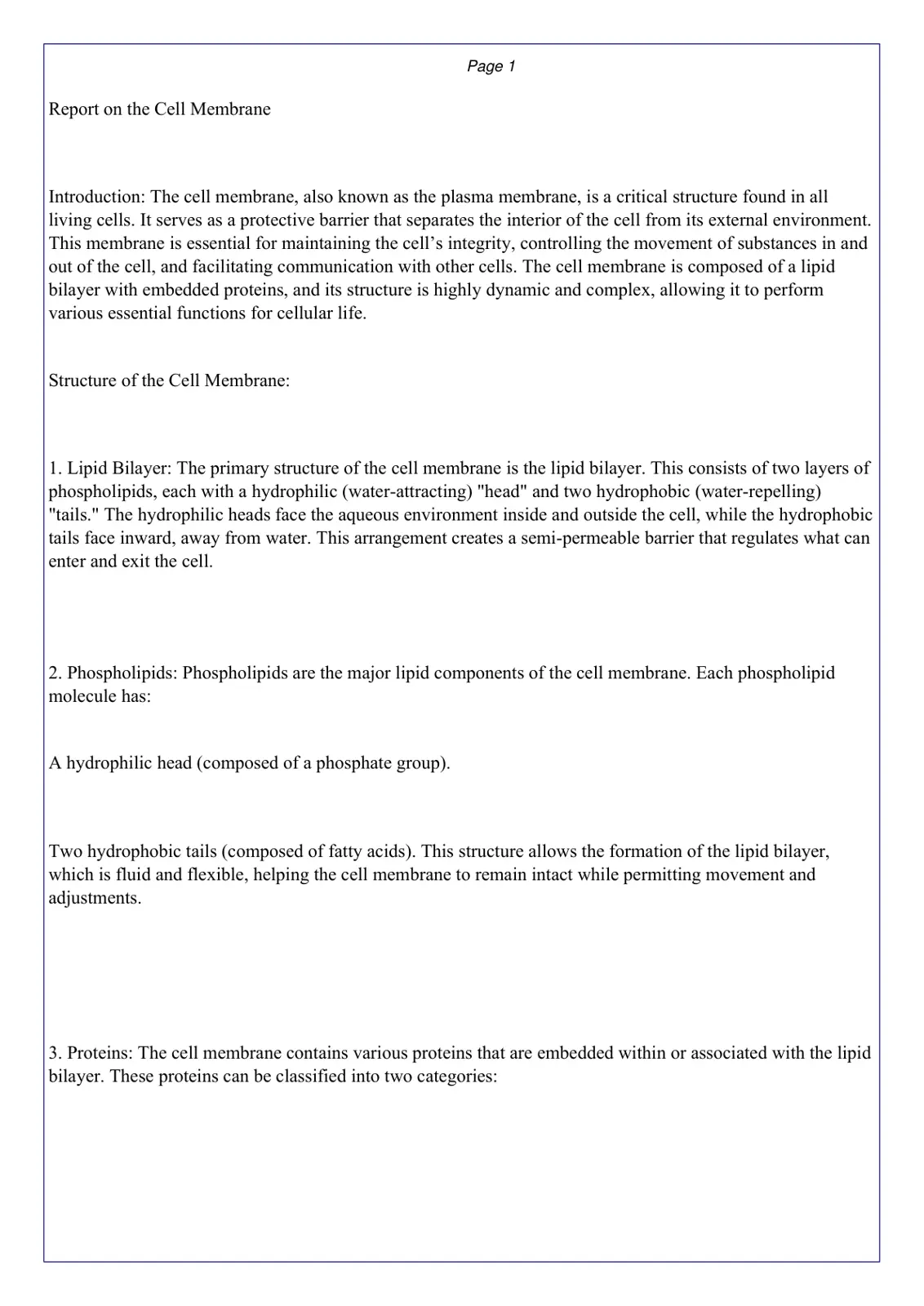 غلاف تقرير Report on the Cell Membrane