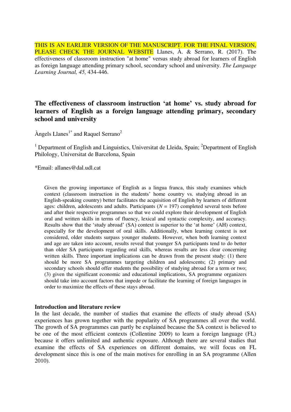 غلاف تقرير The effectiveness of classroom instruction 'at home' vs. study abroad for learners of English as a foreign language attending primary, secondary school and university