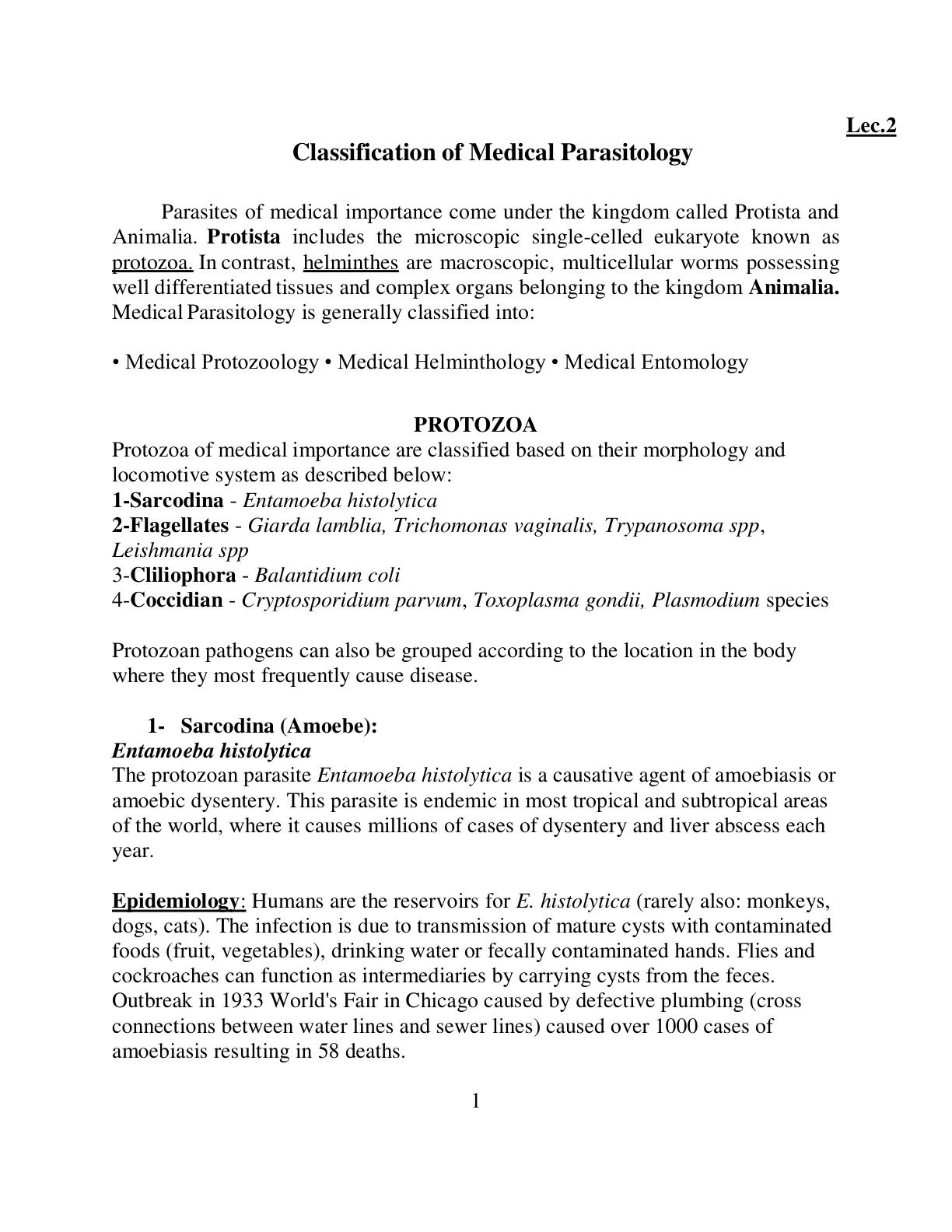 غلاف تقرير Classification of Medical Parasitology