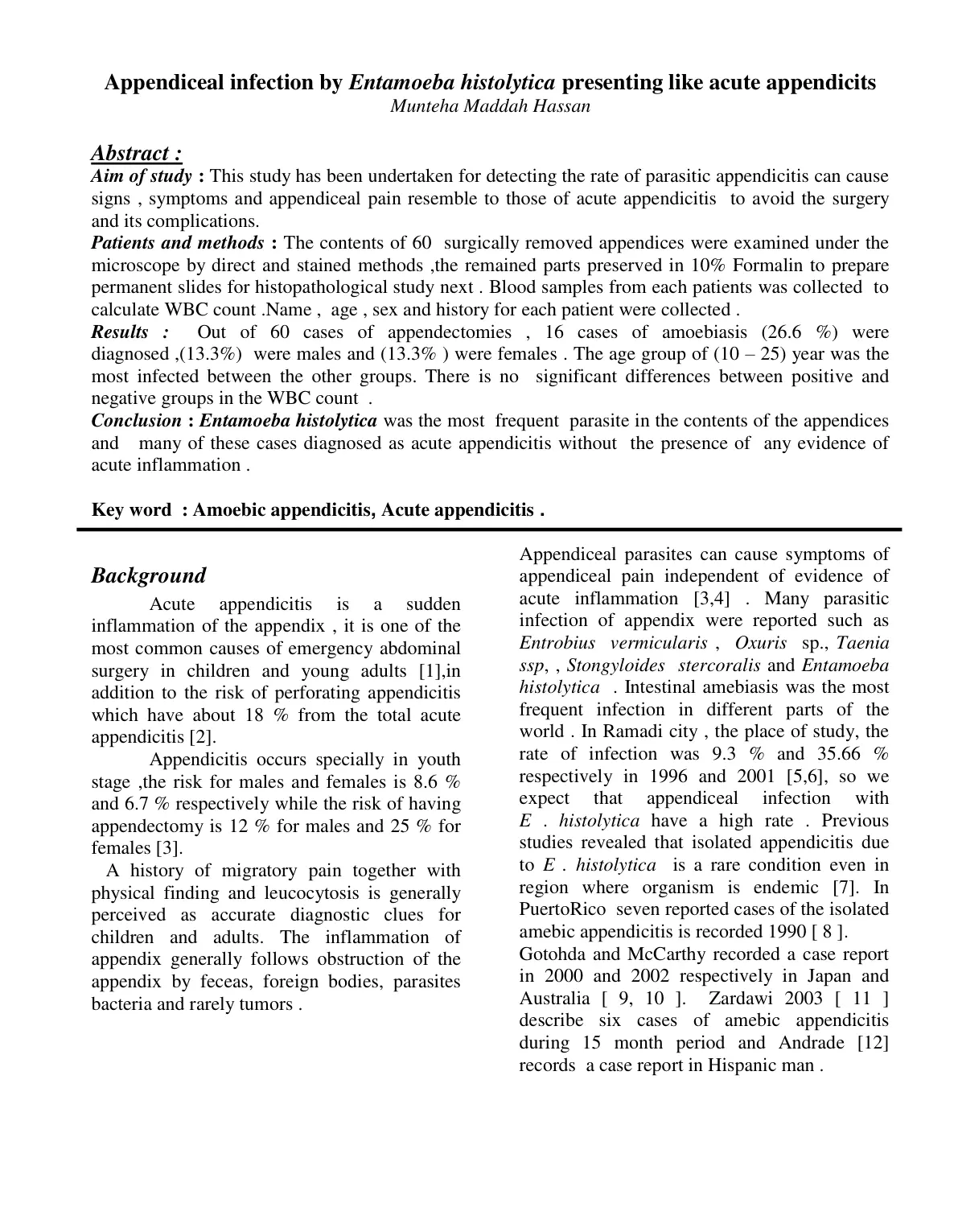 غلاف تقرير Appendiceal infection by Entamoeba histolytica presenting like acute appendicitis