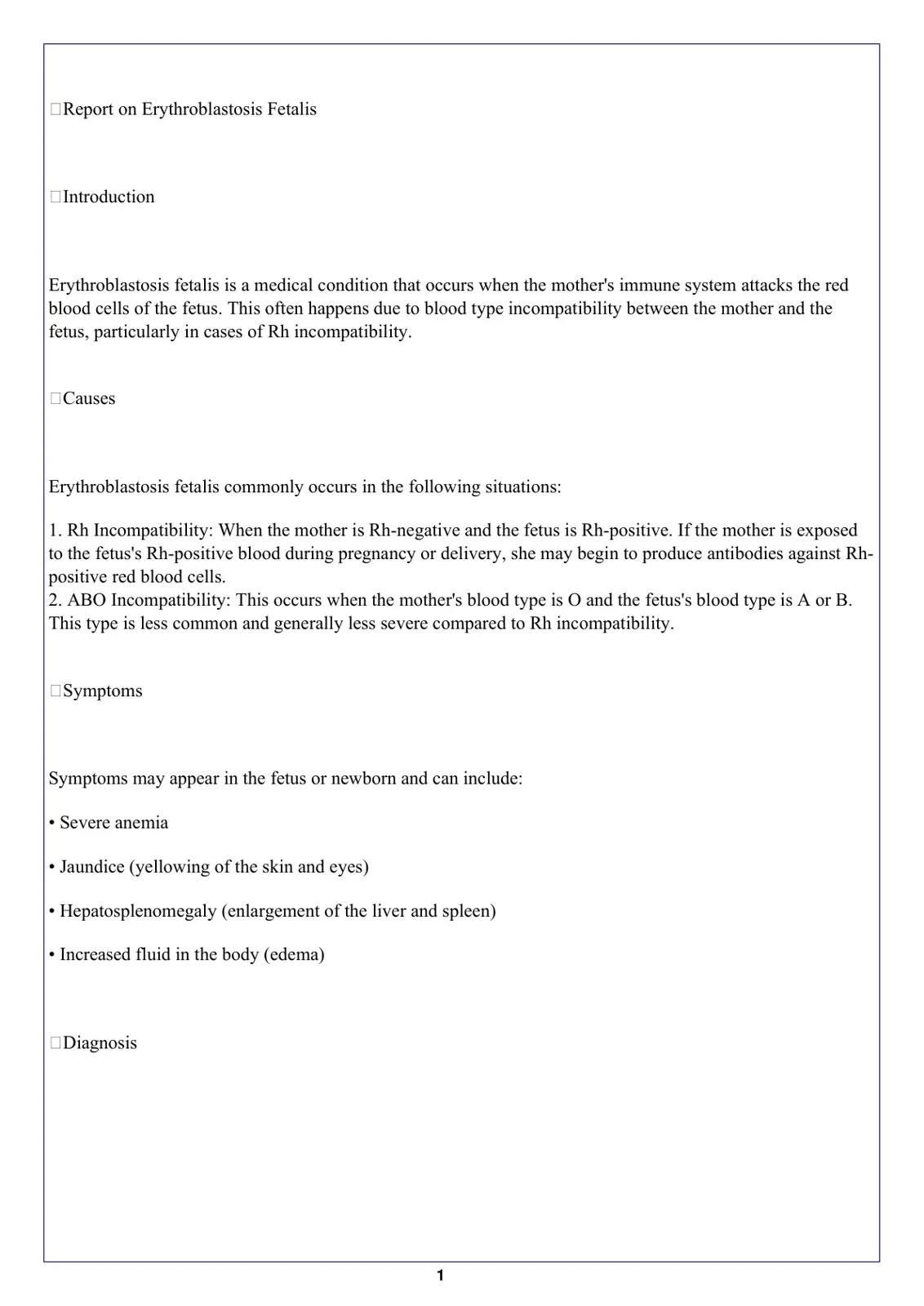 غلاف تقرير Report on Erythroblastosis Fetalis