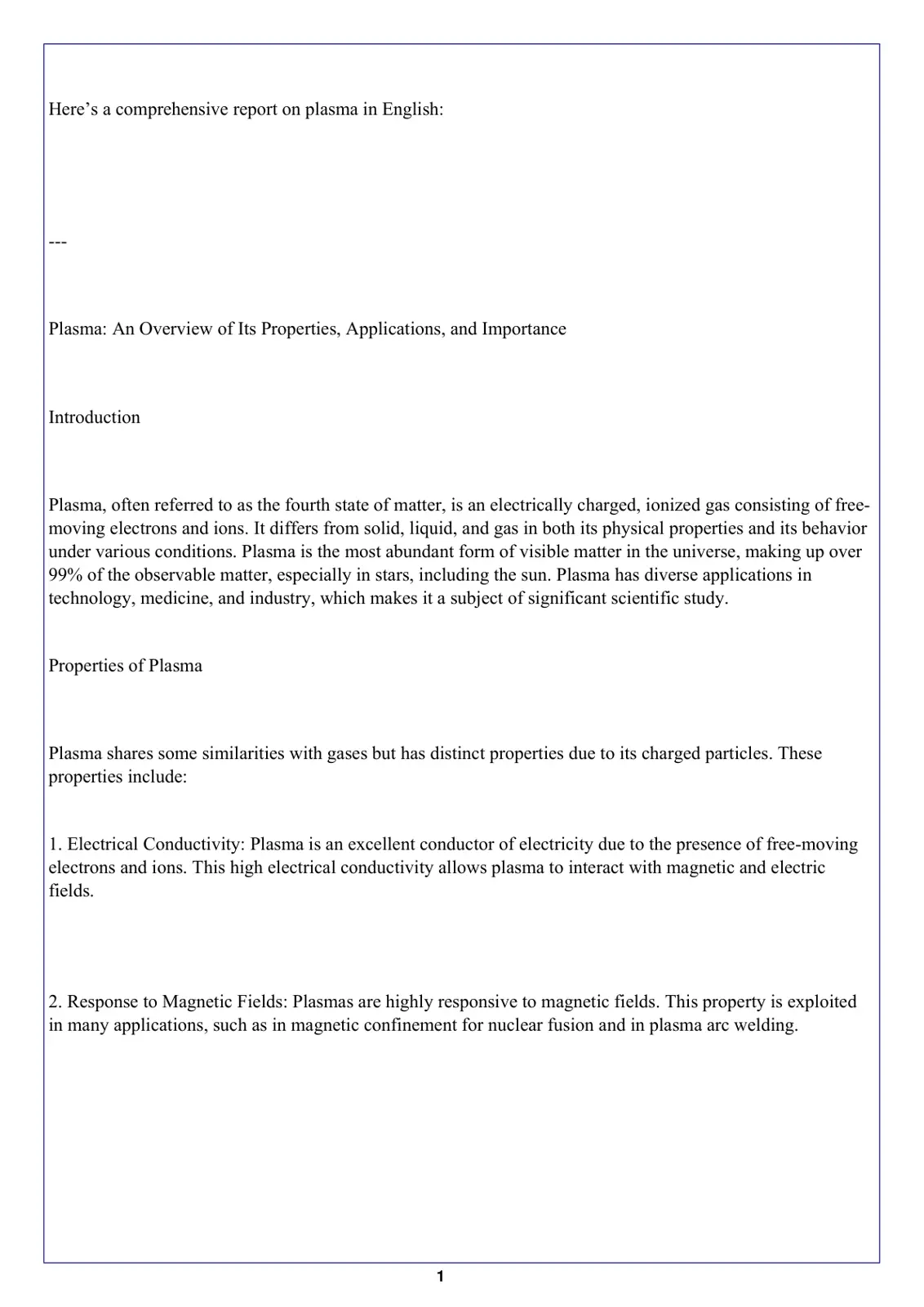 غلاف تقرير Plasma: An Overview of Its Properties, Applications, and Importance
