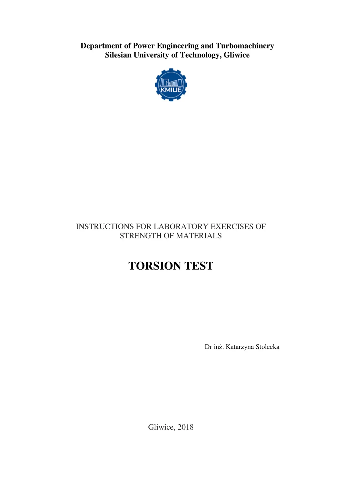 غلاف تقرير INSTRUCTIONS FOR LABORATORY EXERCISES OF STRENGTH OF MATERIALS TORSION TEST