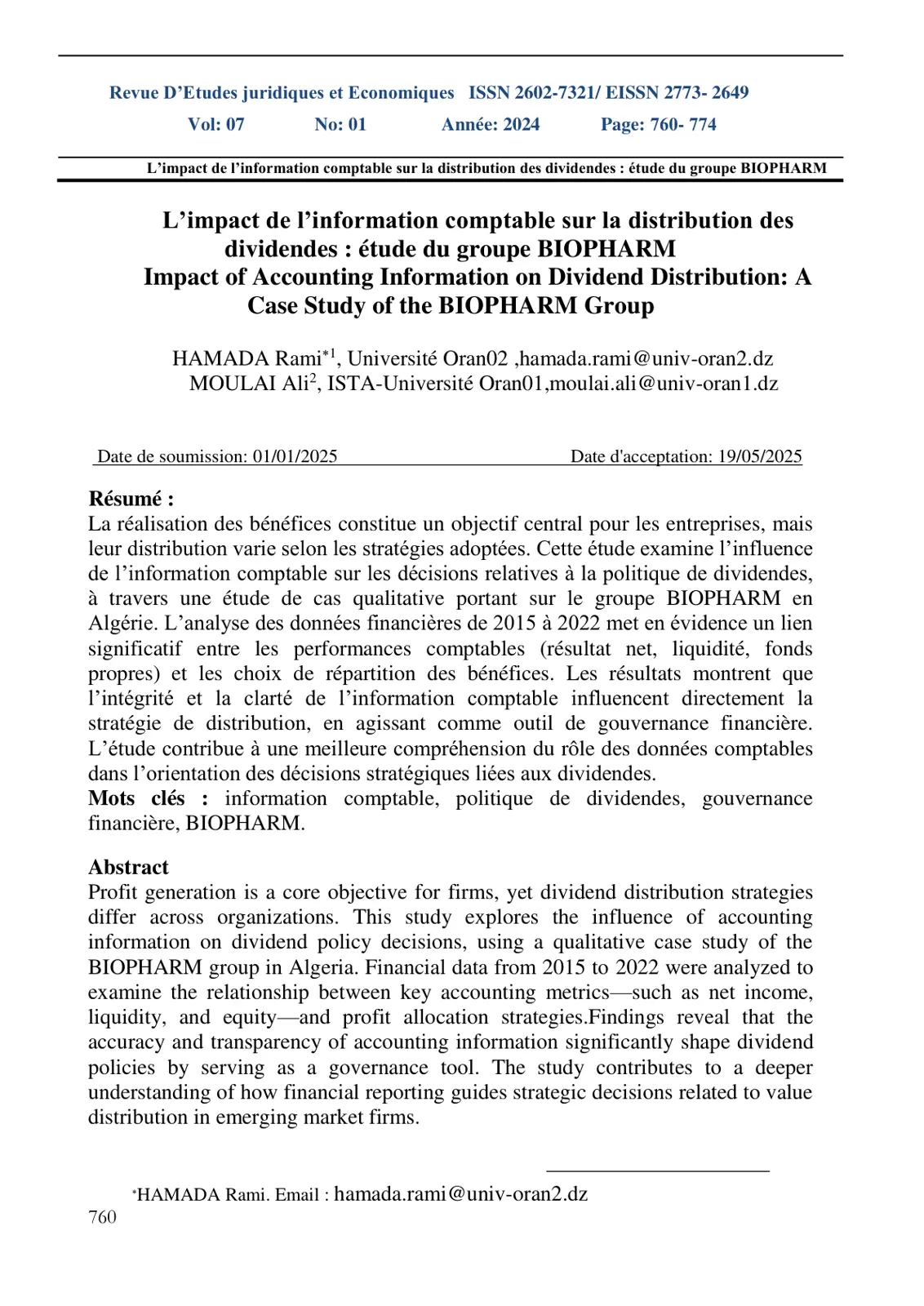 غلاف تقرير L'impact de l'information comptable sur la distribution des dividendes étude du groupe BIOPHARM