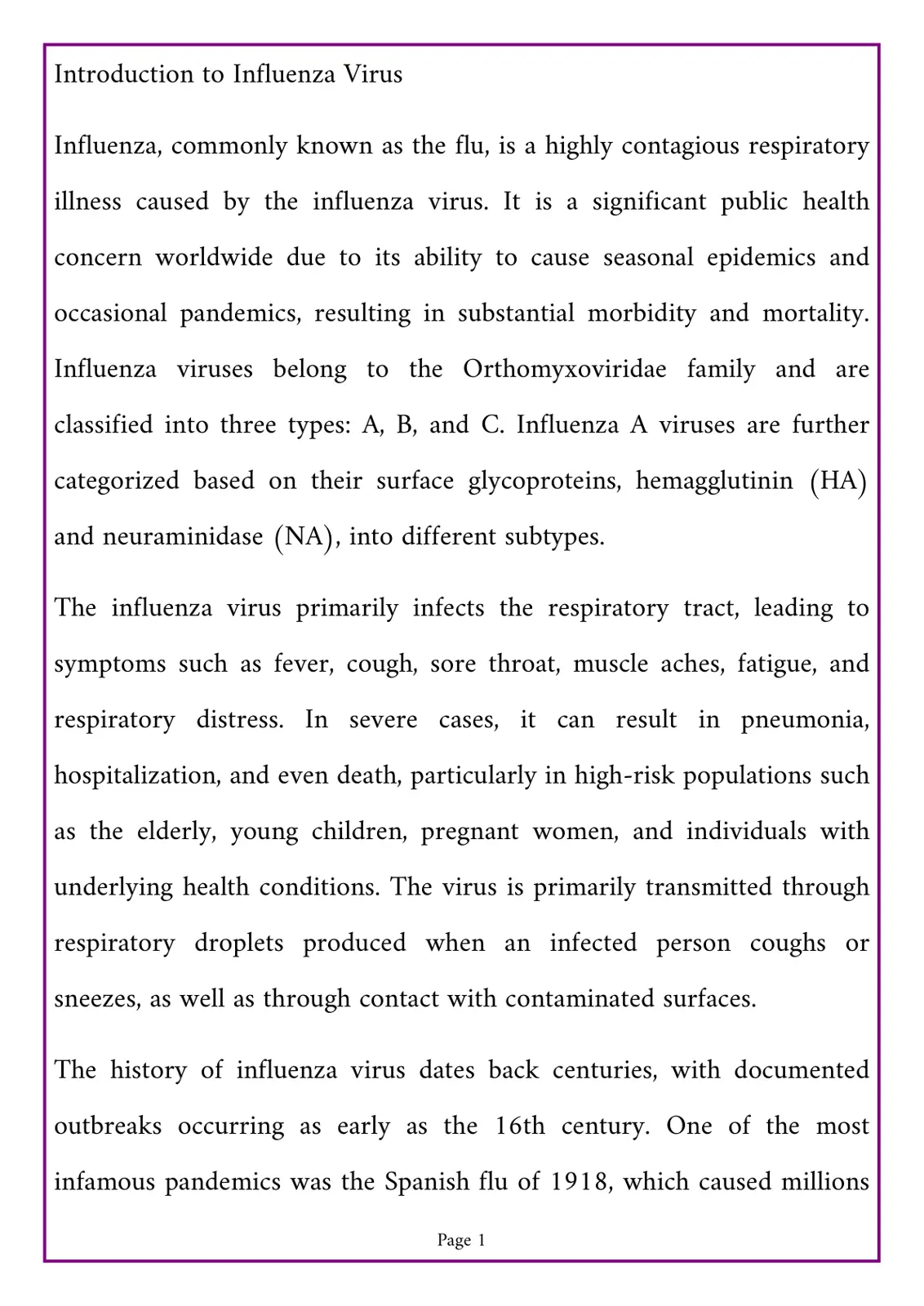 غلاف تقرير Introduction to Influenza Virus