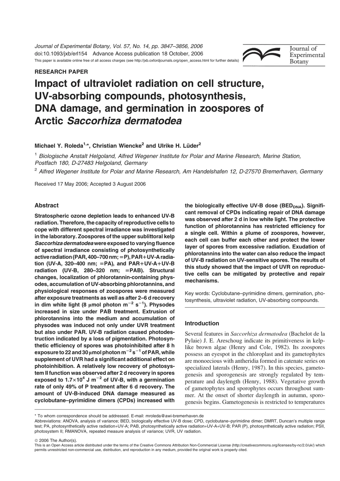 غلاف تقرير Impact of ultraviolet radiation on cell structure, UV-absorbing compounds, photosynthesis, DNA damage, and germination in zoospores of Arctic Saccorhiza dermatodea