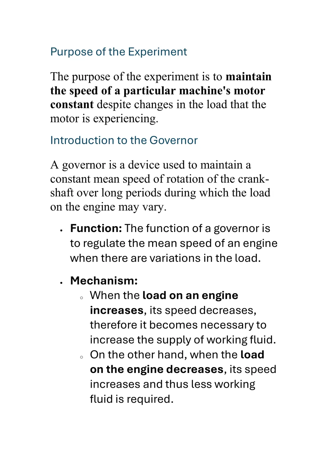 غلاف تقرير Purpose of the Experiment - Introduction to the Governor
