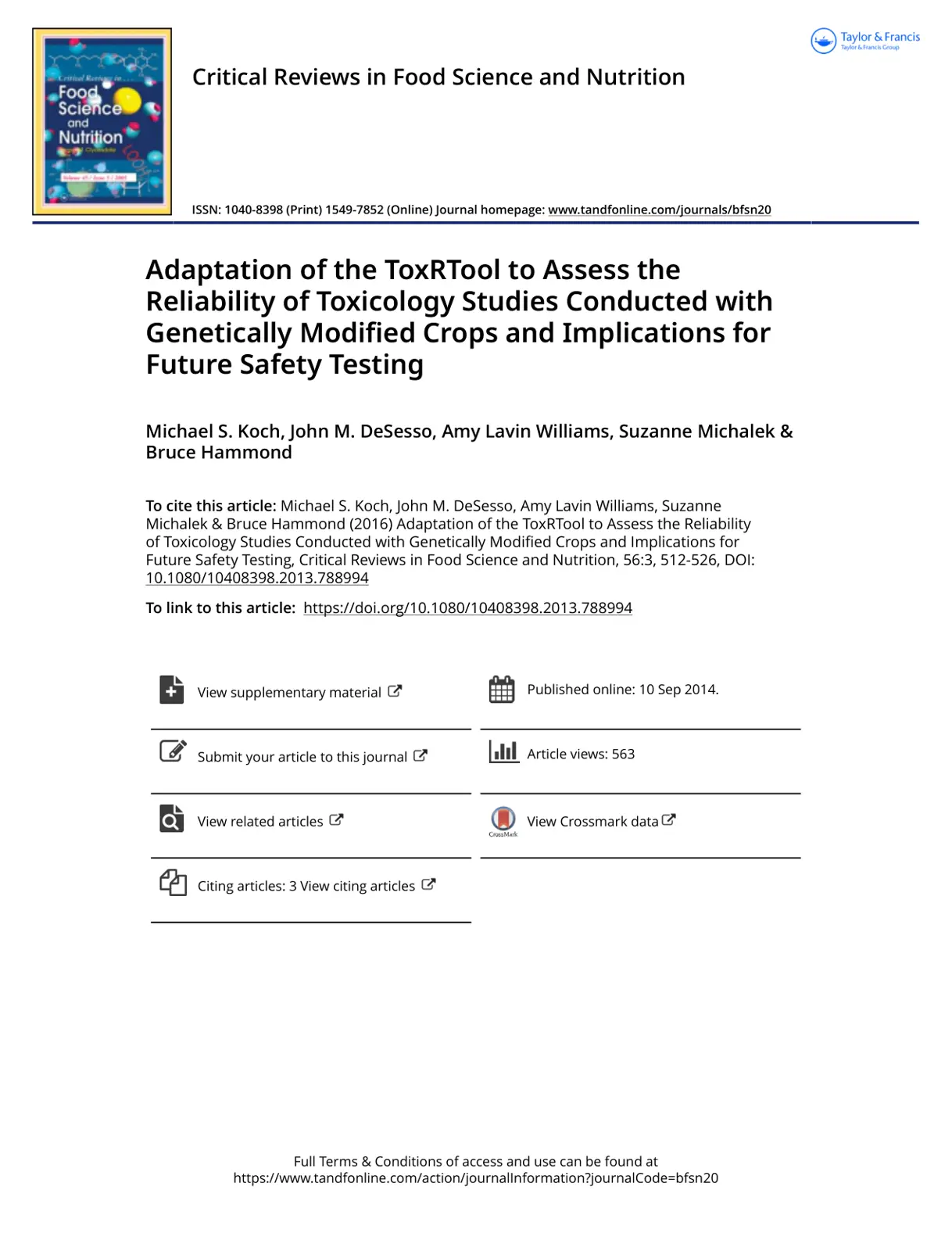 غلاف تقرير Adaptation of the ToxRTool to Assess the Reliability of Toxicology Studies Conducted with Genetically Modified Crops and Implications for Future Safety Testing