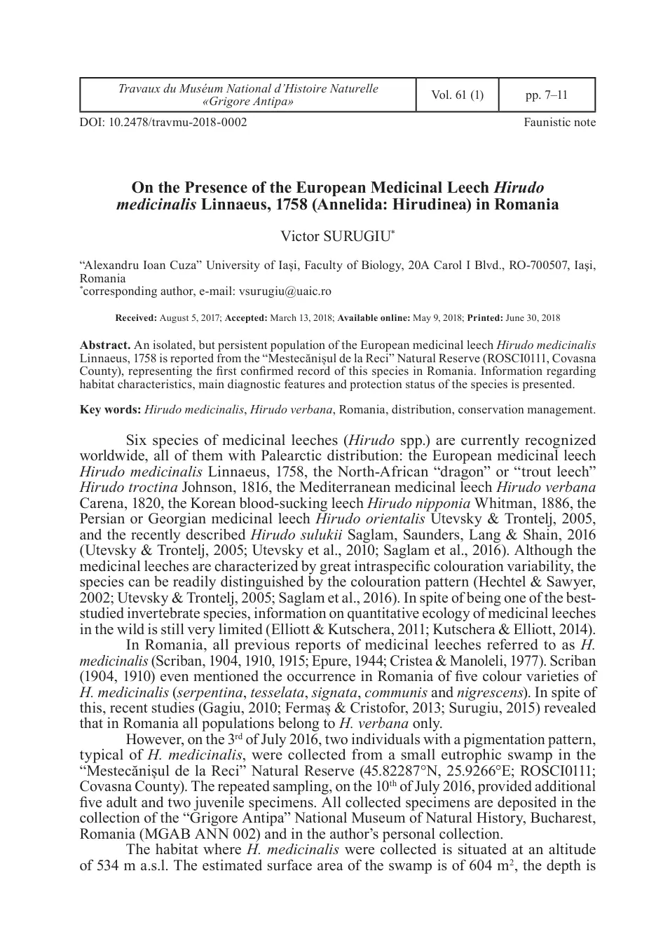 غلاف تقرير On the Presence of the European Medicinal Leech Hirudo medicinalis Linnaeus, 1758 (Annelida: Hirudinea) in Romania
